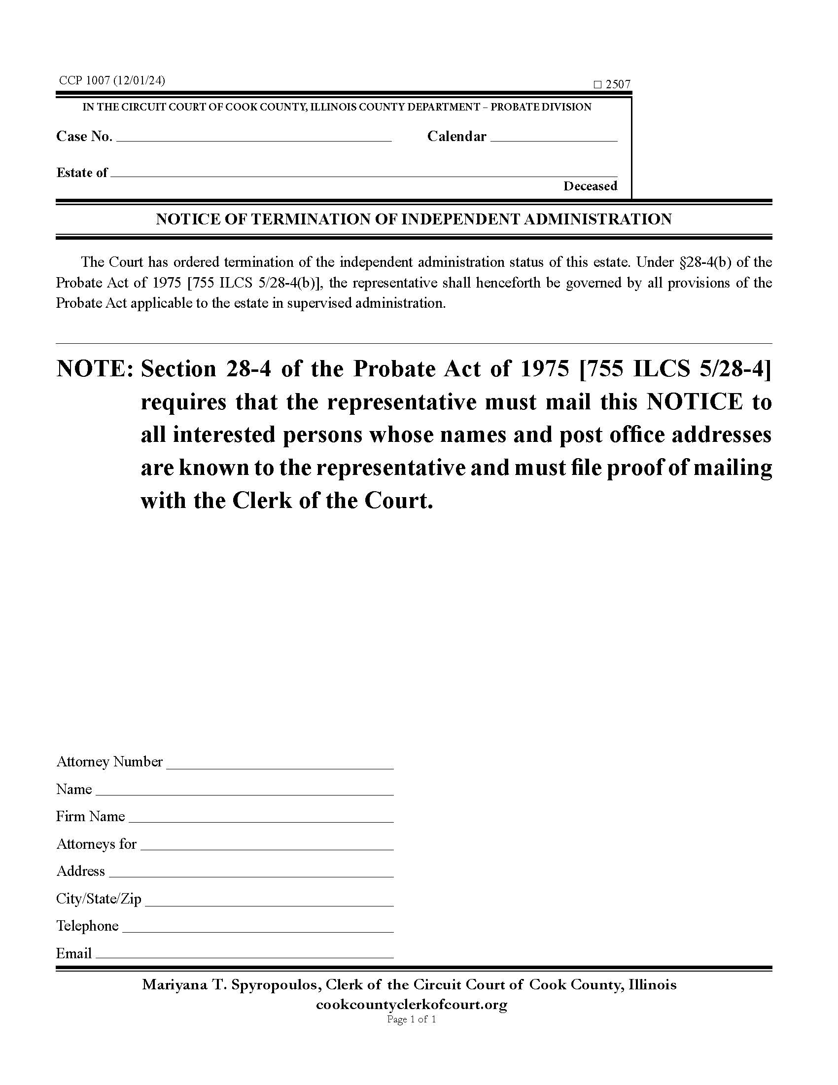 Notice Of Termination Of Independent Administration {CCP 1007} | Pdf Fpdf Docx | Illinois