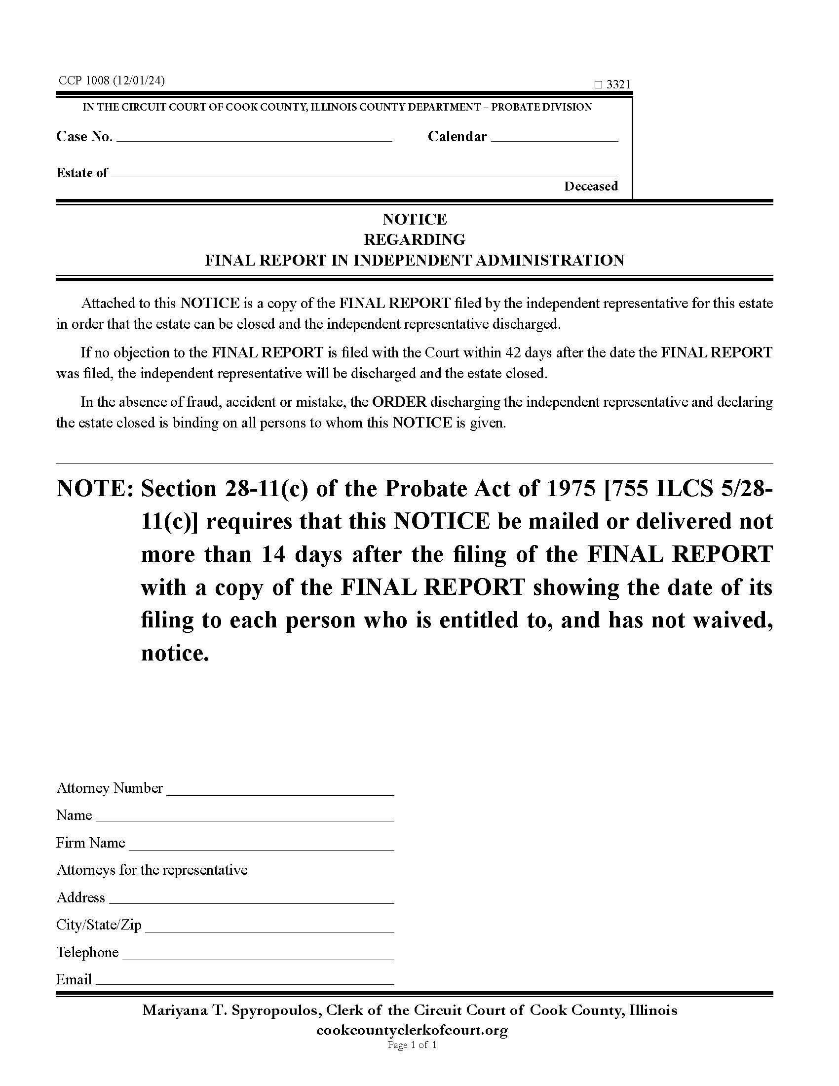 Notice Regarding Final Report In Independent Administration {CCP 1008} | Pdf Fpdf Doc Docx | Illinois