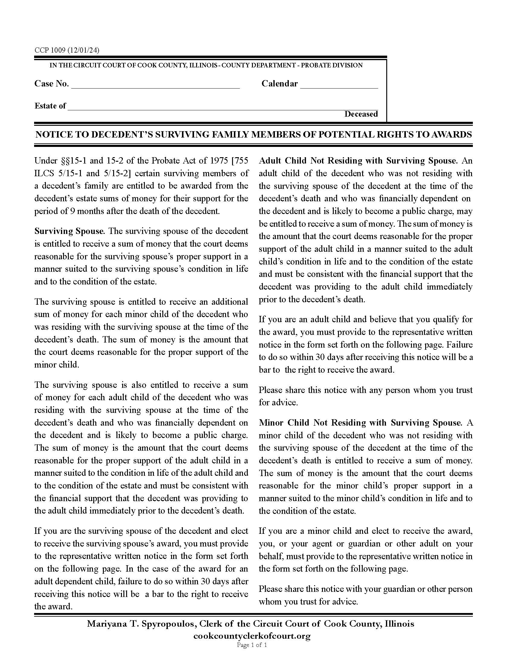 Notice To Decedents Surviving Family Members Potential Rights To Awards {CCP 1009} | Pdf Fpdf Docx | Illinois