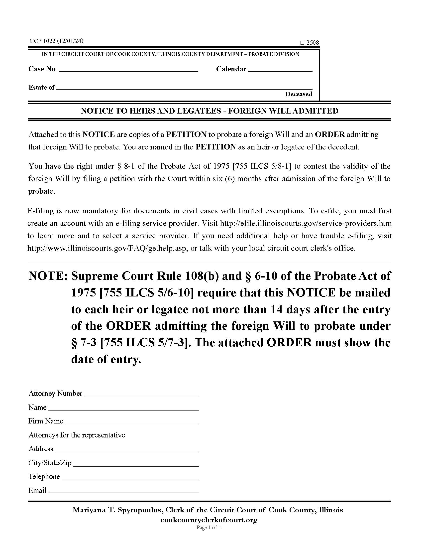 Notice To Heirs And Legatees - Foreign Will Admitted {CCP 1022} | Pdf Fpdf Docx | Illinois