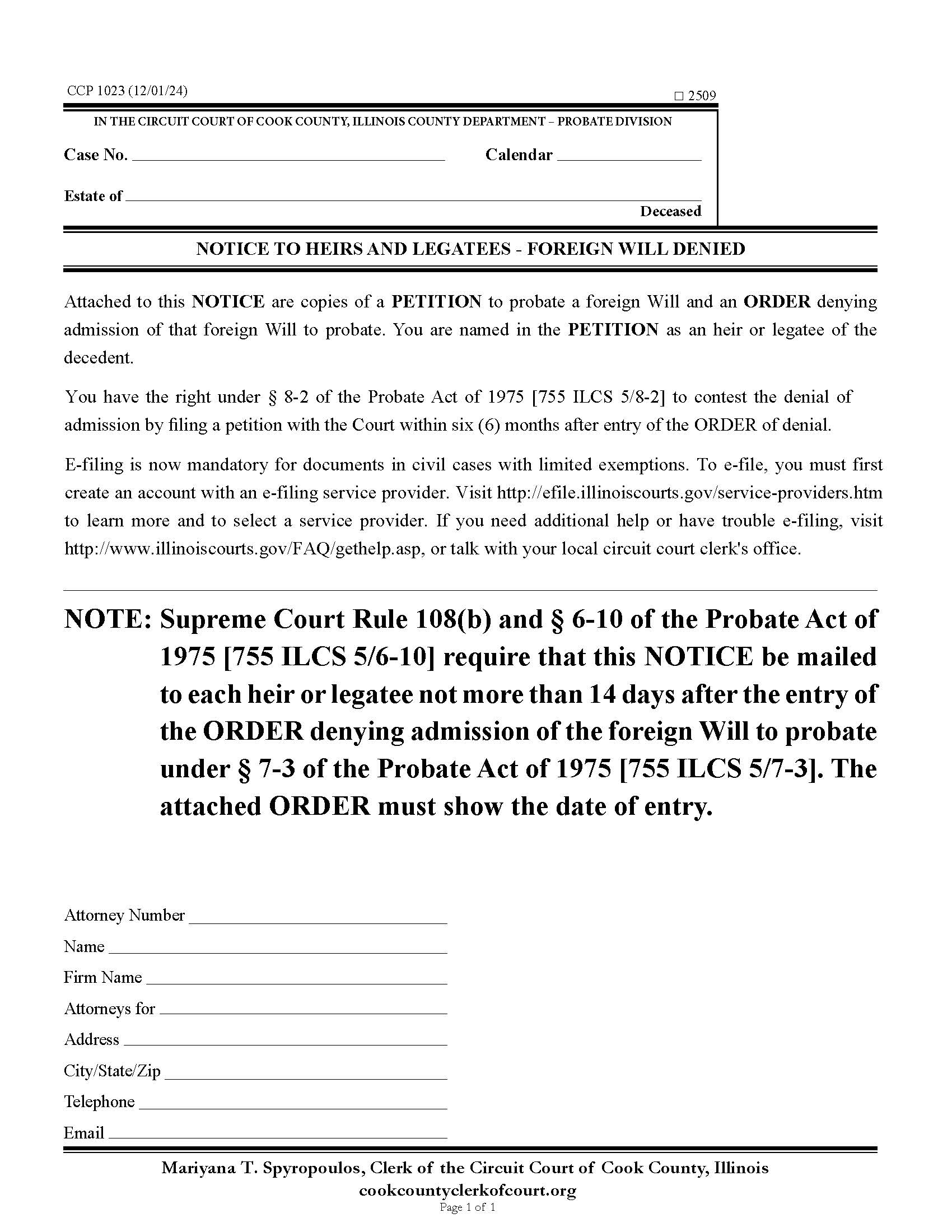 Notice To Heirs And Legatees - Foreign Will Denied {CCP 1023} | Pdf Fpdf Docx | Illinois