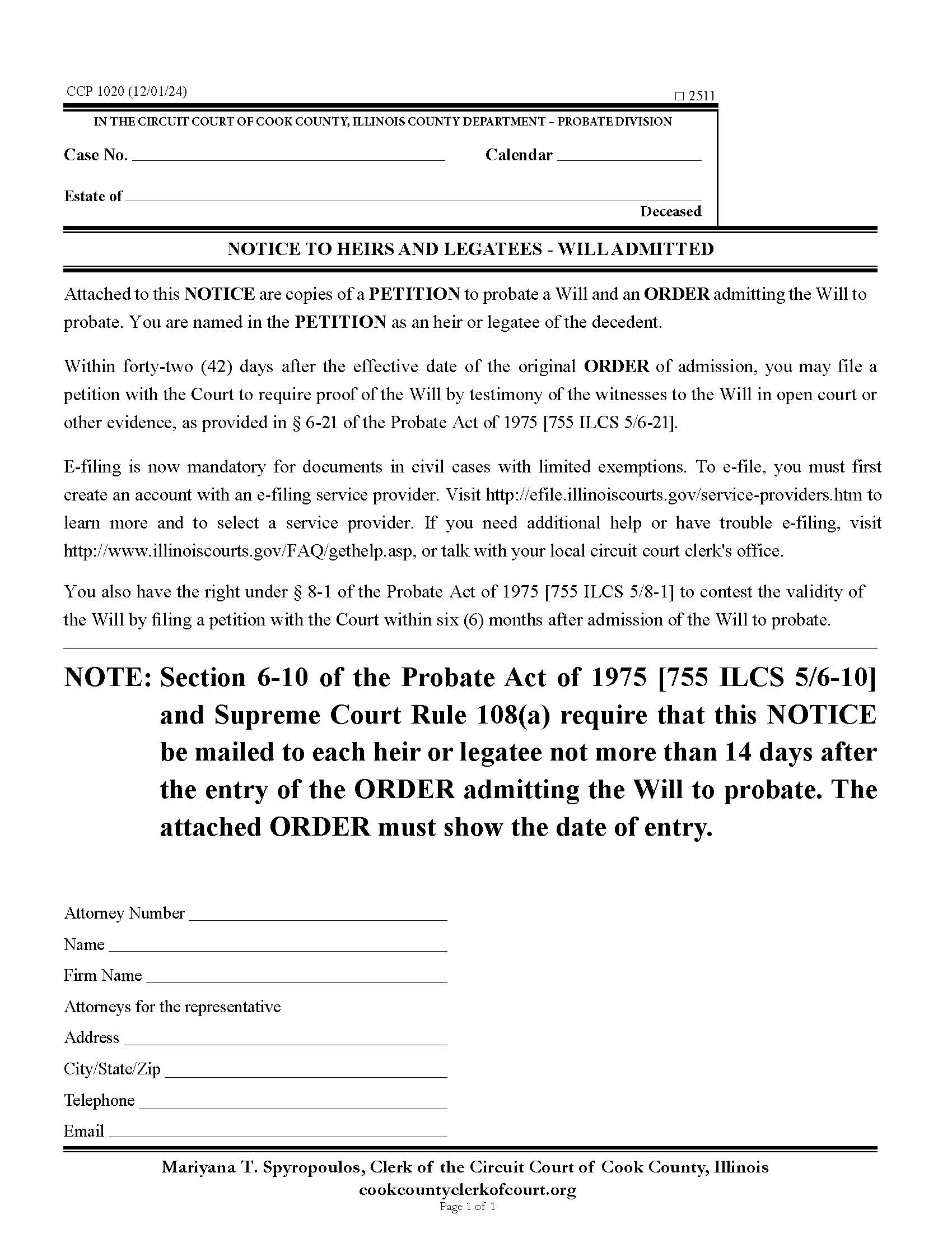 Notice To Heirs And Legatees - Will Admitted {CCP 1020} | Pdf Fpdf Doc Docx | Illinois