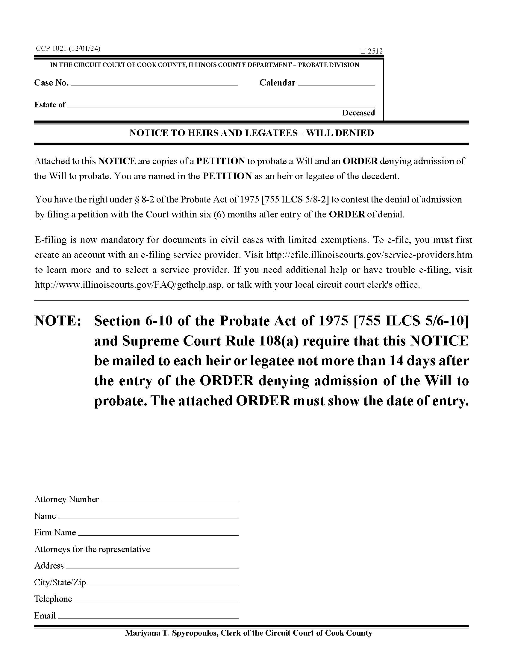 Notice To Heirs And Legatees - Will Denied {CCP 1021} | Pdf Fpdf Docx | Illinois
