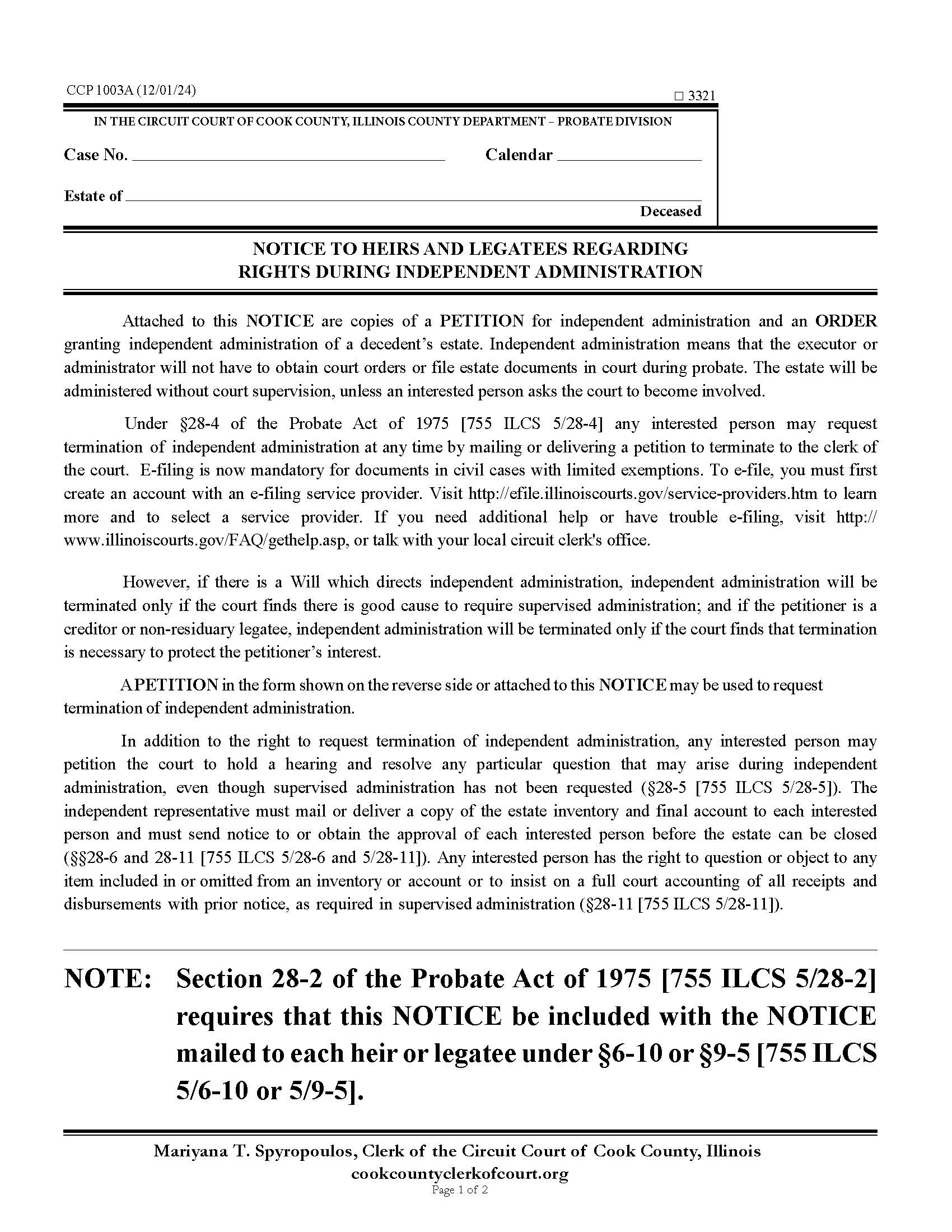 Notice To Heirs Legatees Re Rights Independent Administration Petition To Terminate {CCP 1003} | Pdf Fpdf Docx | Illinois