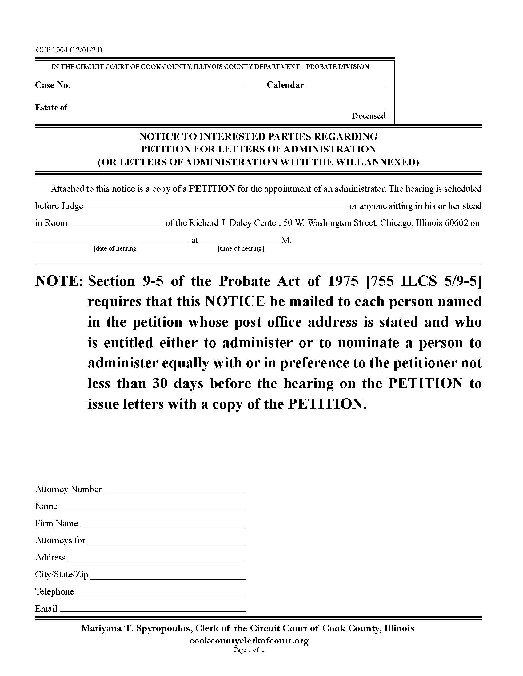 Notice To Interested Parties Re Petition For Letters Of Administration {CCP 1004} | Pdf Fpdf Docx | Illinois
