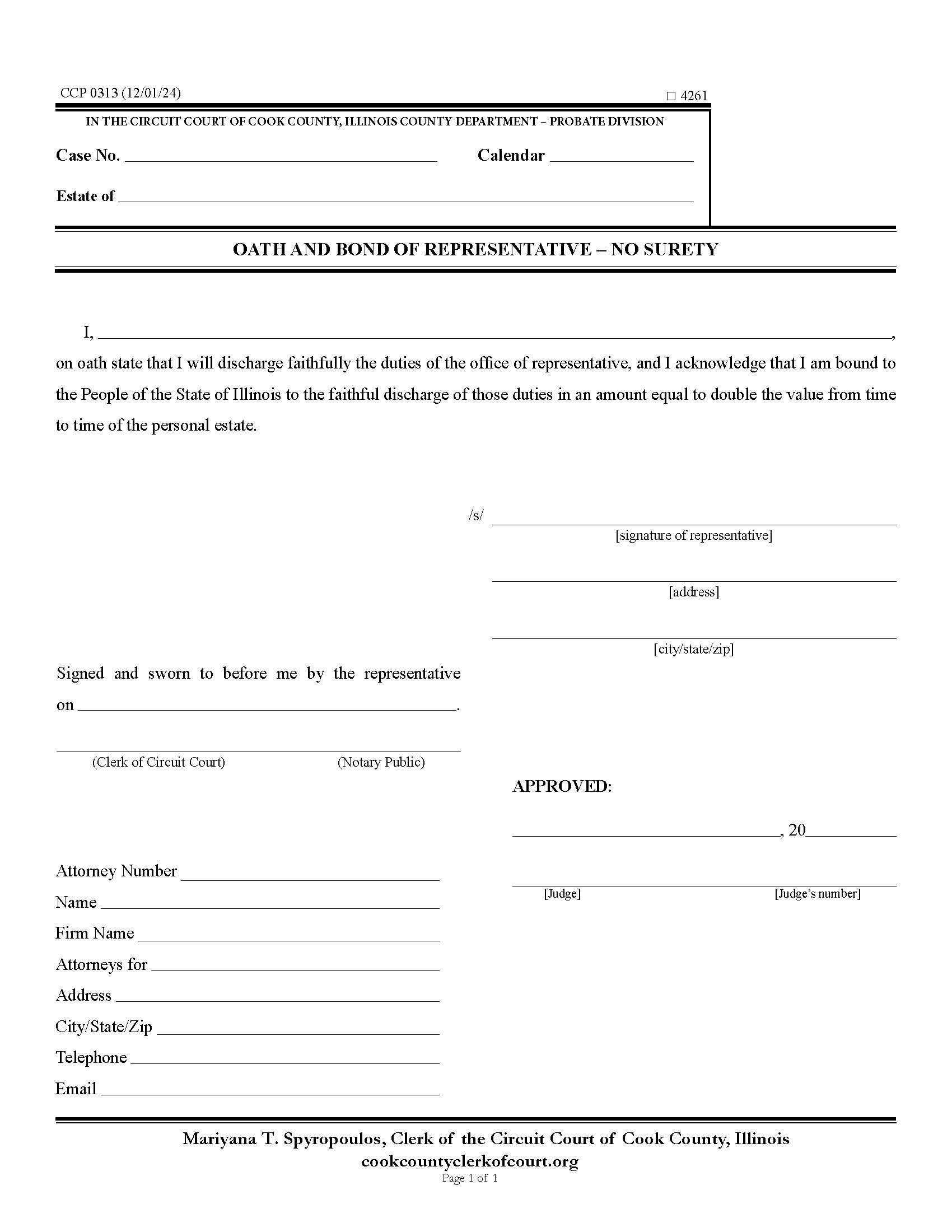 Oath And Bond Of Representative - No Surety {CCP 0313} | Pdf Fpdf Docx | Illinois