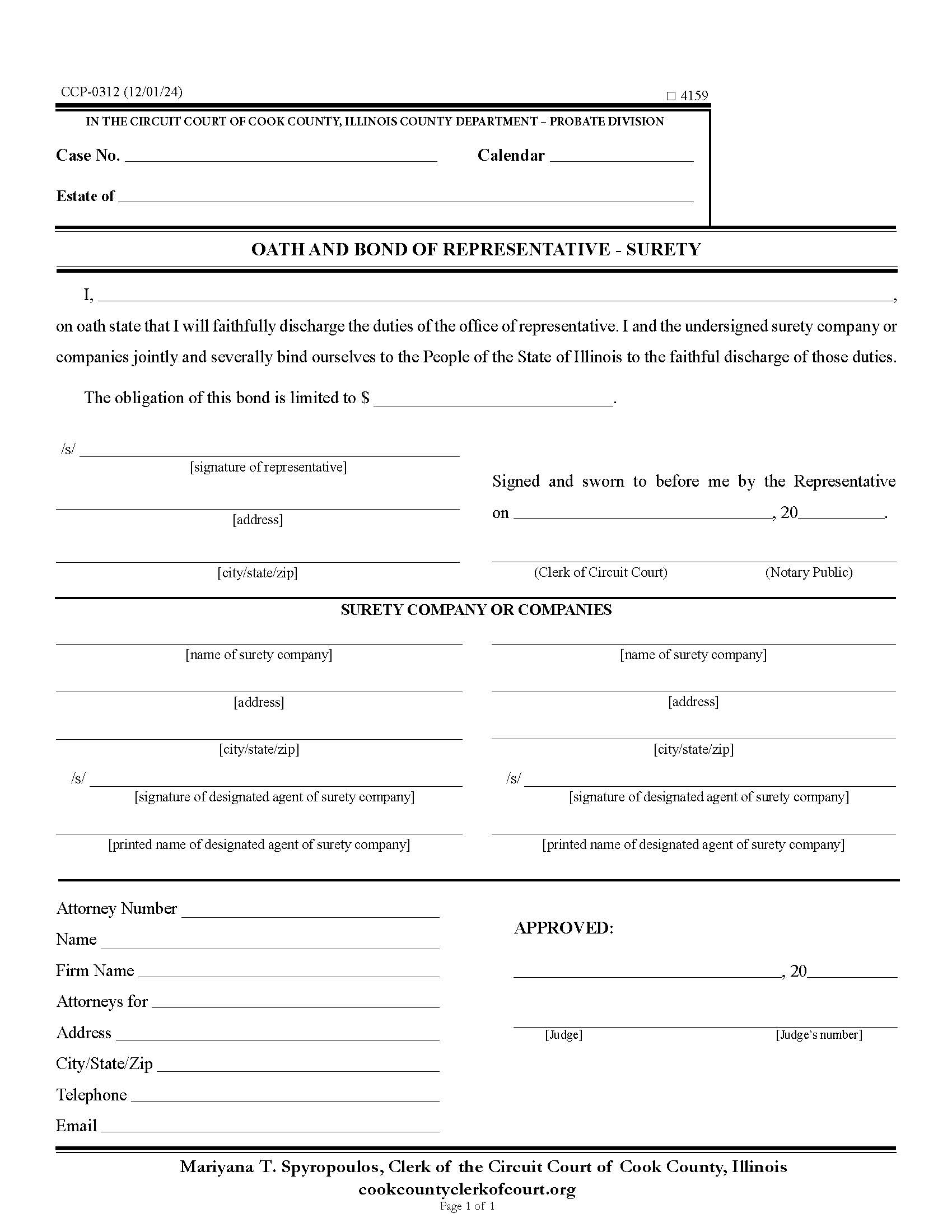 Oath And Bond Of Representative - Surety {CCP 0312} | Pdf Fpdf Docx | Illinois