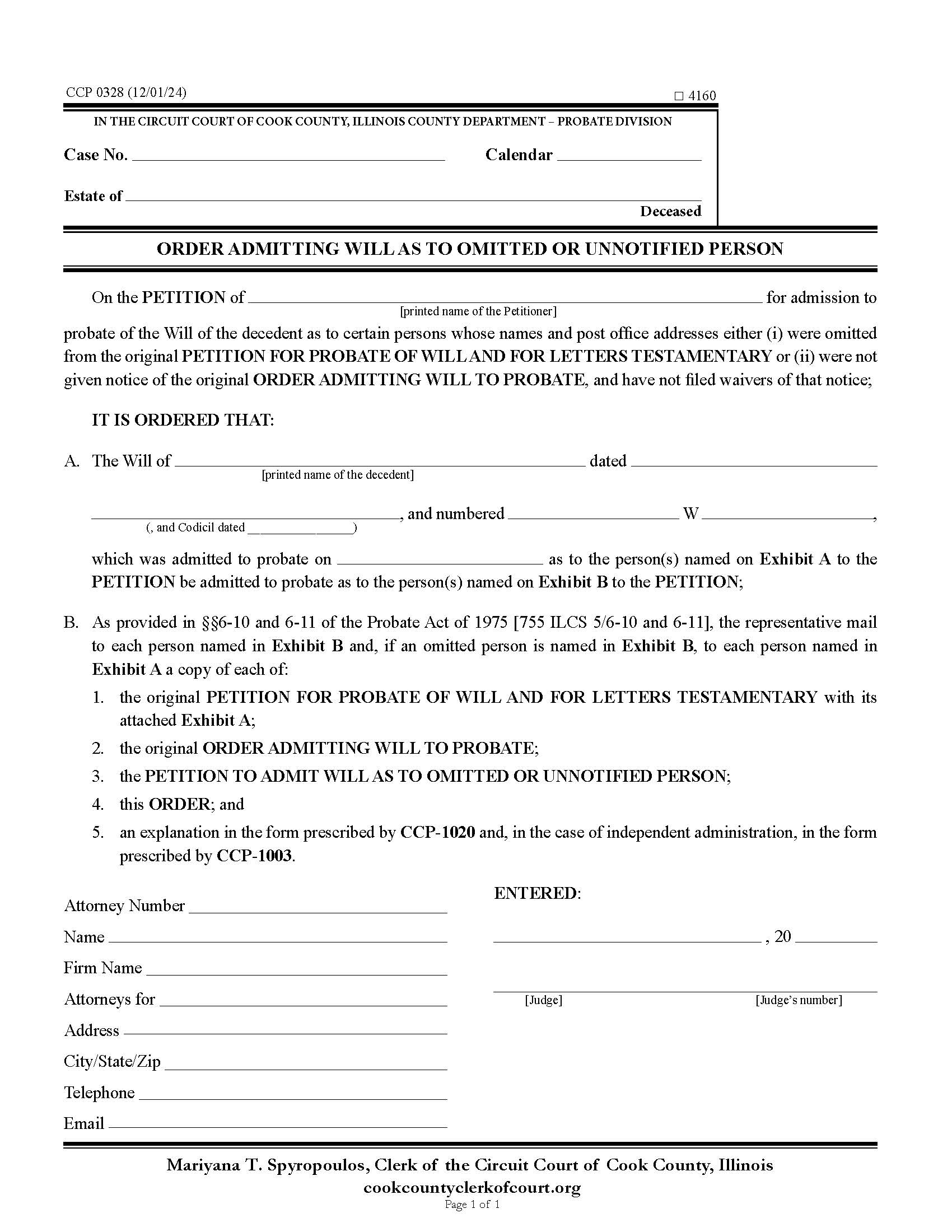 Order Admitting Will As To Omitted Or Unnotified Person {CCP 0328} | Pdf Fpdf Docx | Illinois