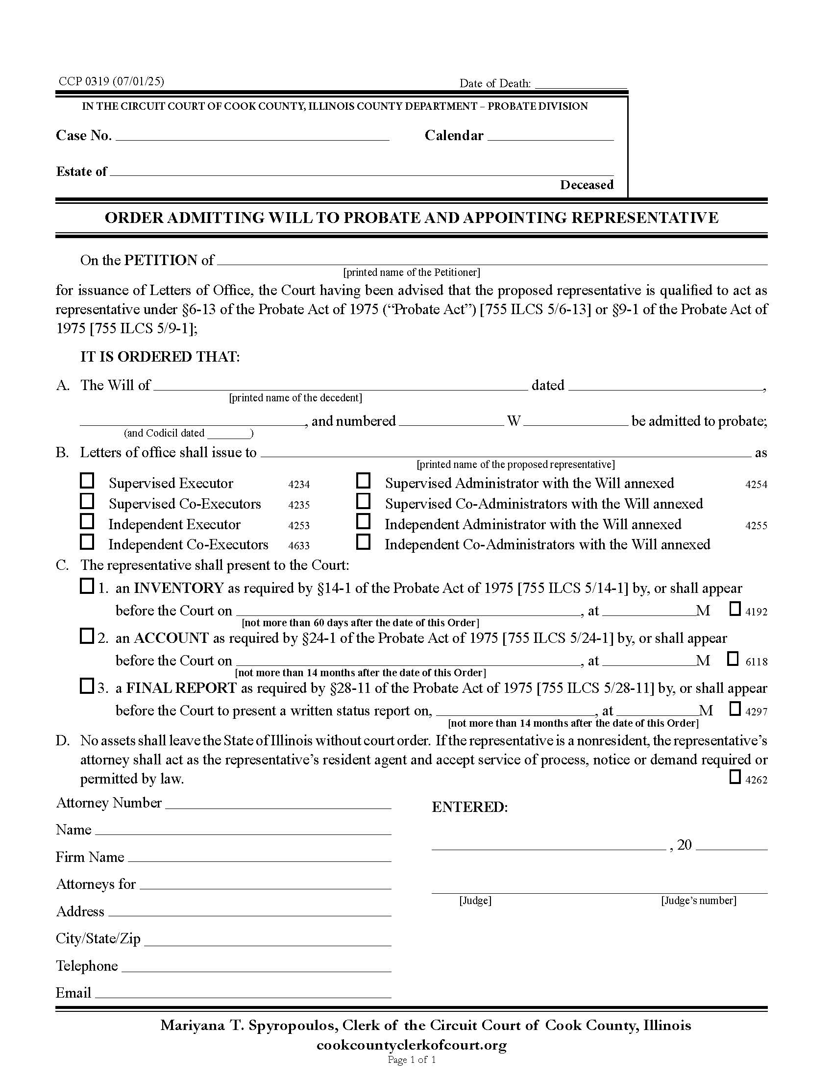 Order Admitting Will To Probate And Appointing Representative {CCP 0319} | Pdf Fpdf Docx | Illinois