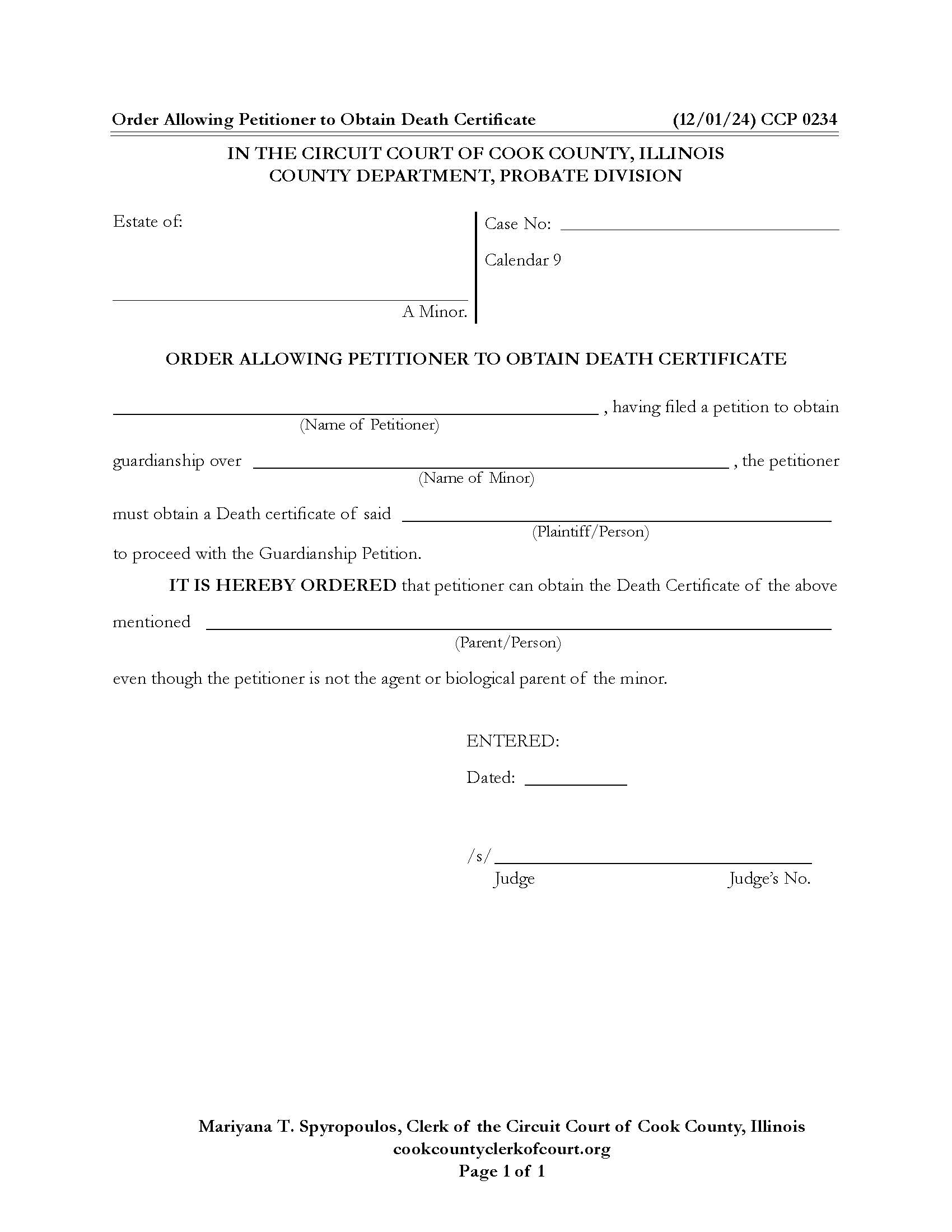 Order Allowing Petitioner To Obtain Death Certificate {CCP 0234} | Pdf Fpdf Docx | Illinois