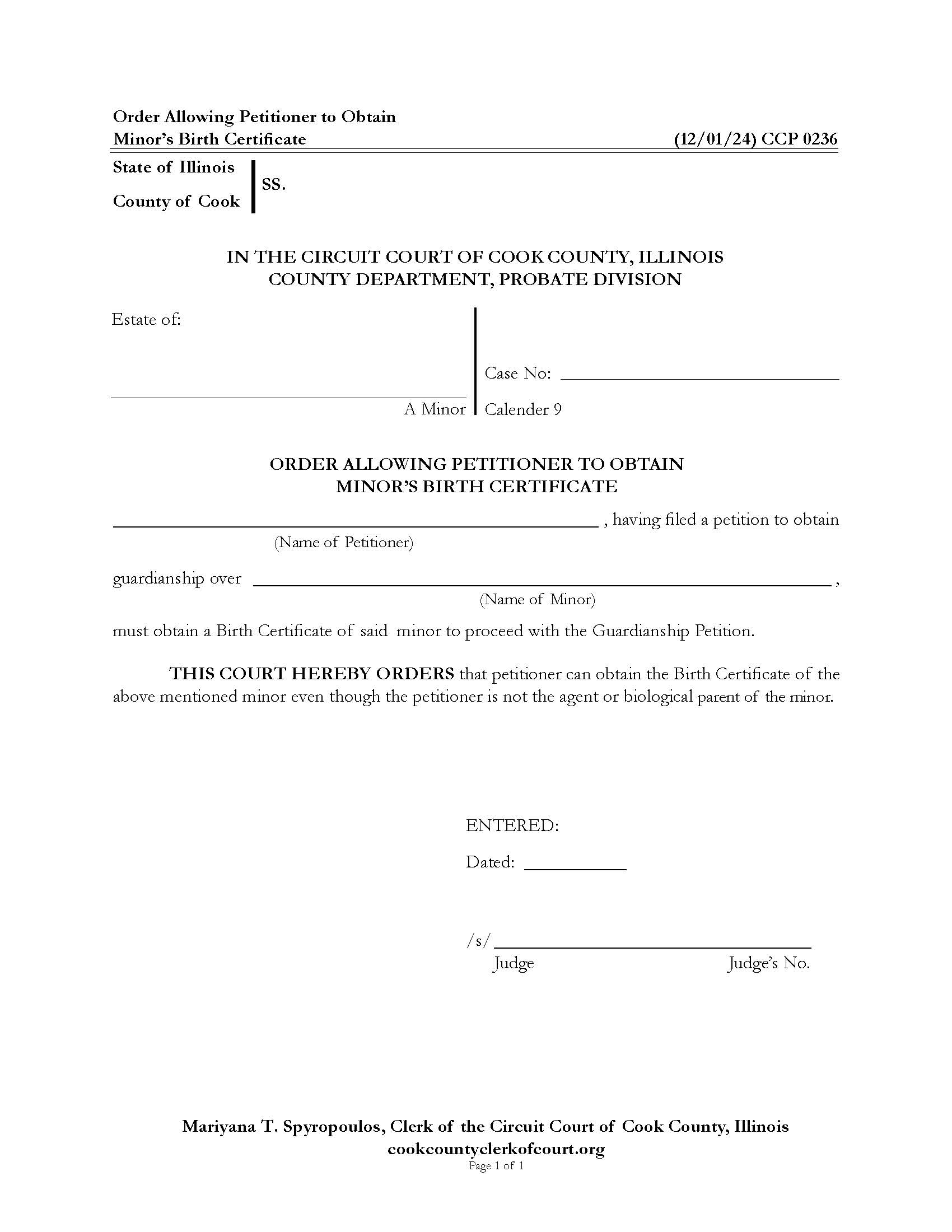 Order Allowing Petitioner to Obtain Minors Birth Certificate {CCP 0236} | Pdf Fpdf Docx | Illinois
