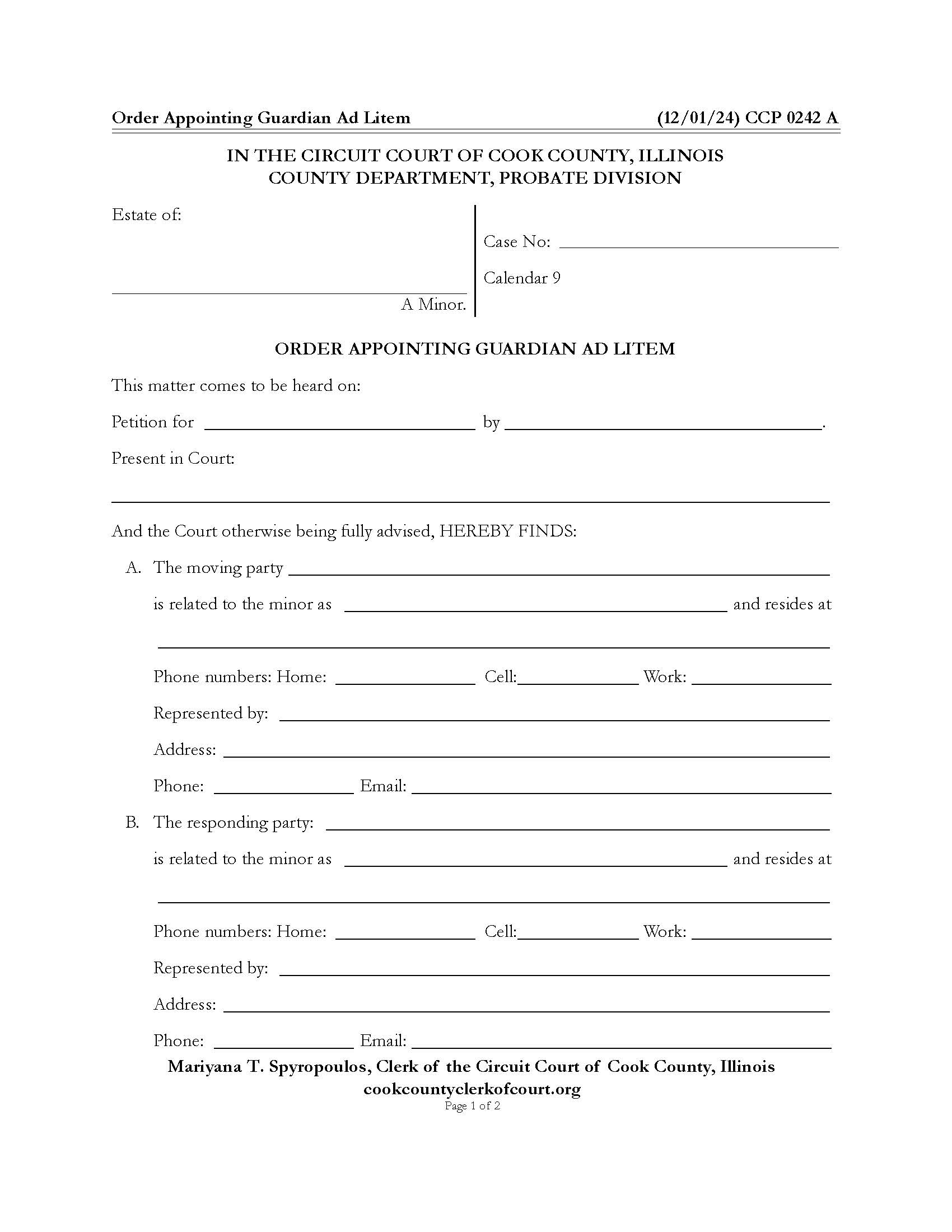Order Appointing Guardian Ad Litem {CCP 0242} | Pdf Fpdf Docx | Illinois