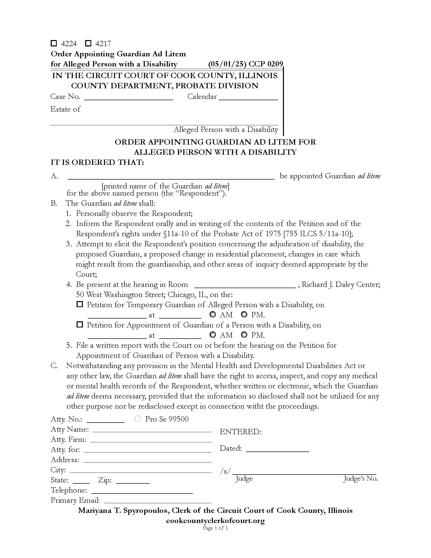 Order Appointing Guardian Ad Litem For Alleged Person With A Disability {CCP 0209} | Pdf Fpdf Doc Docx | Illinois