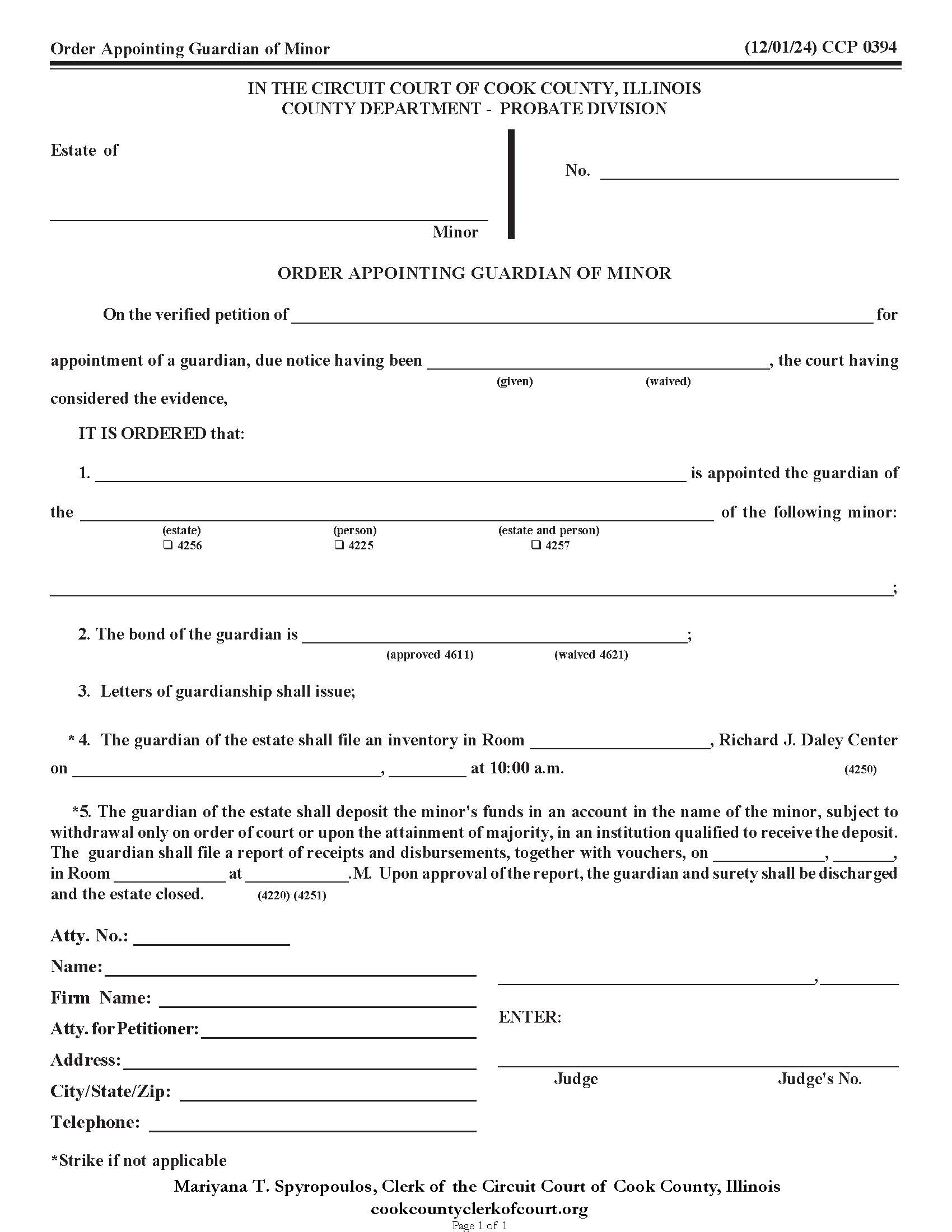 Order Appointing Guardian Of Minor {CCP 0394} | Pdf Fpdf Doc Docx | Illinois
