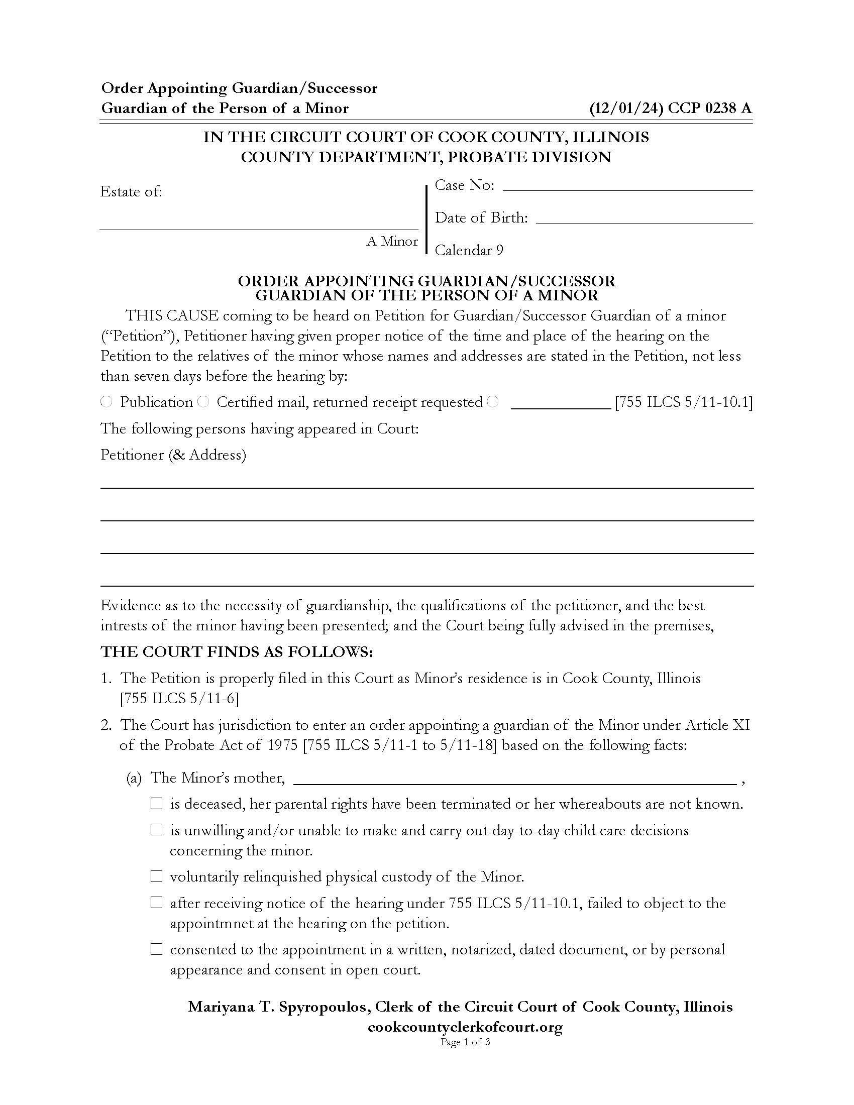 Order Appointing Guardian-Successor Guardian Of Person Of Minor {CCP 0238} | Pdf Fpdf Docx | Illinois