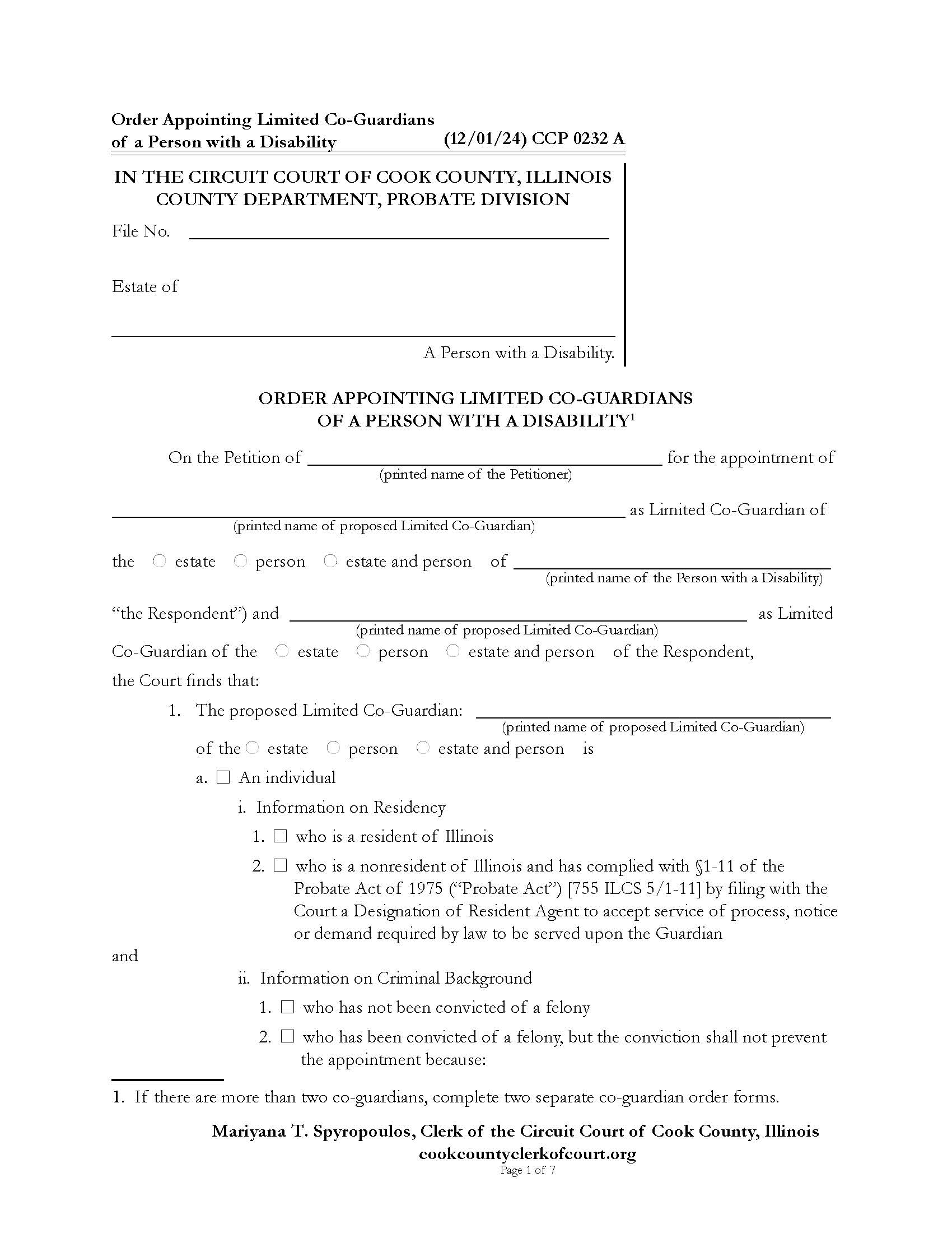 Order Appointing Limited Co-Guardians Of A Person With A Disability {CCP 0232} | Pdf Fpdf Docx | Illinois