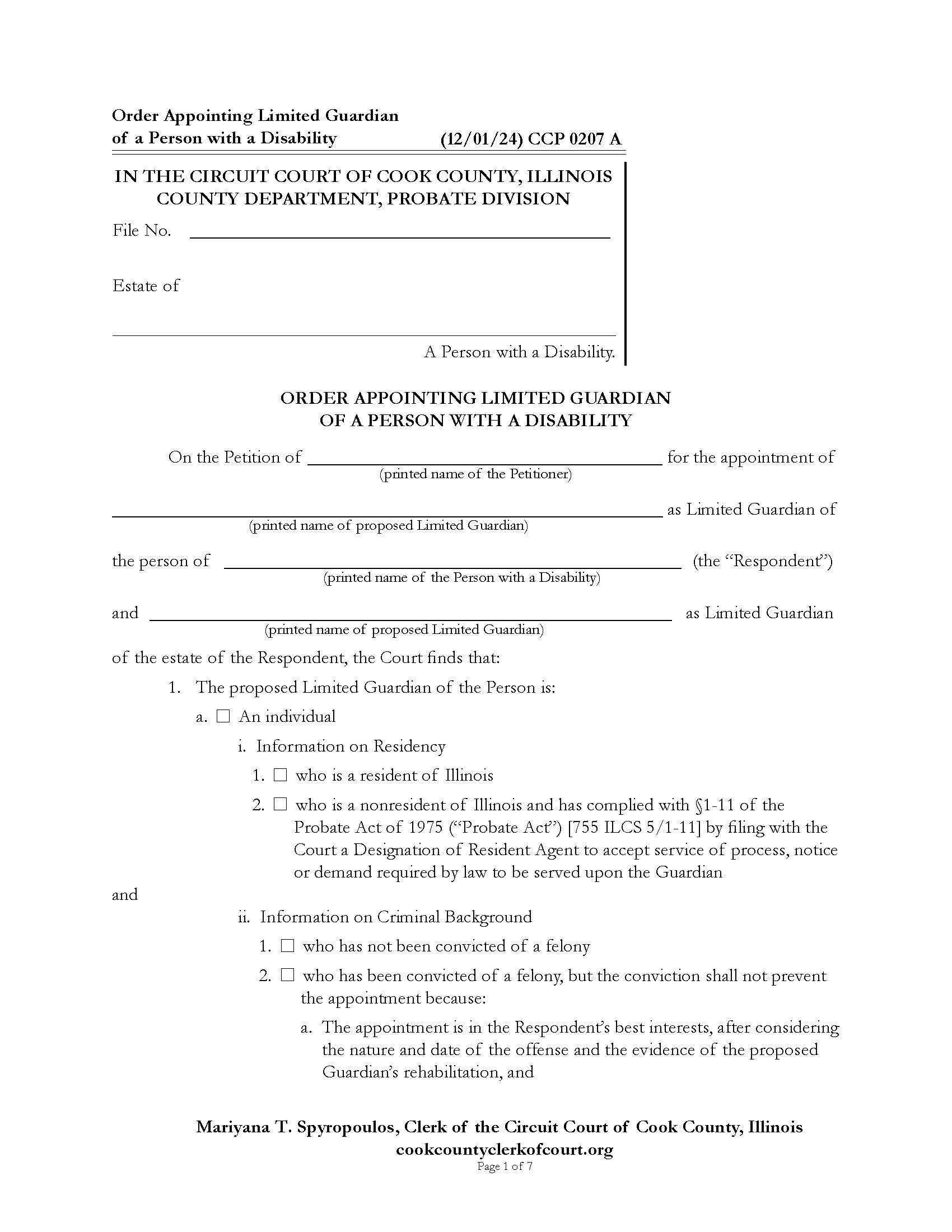 Order Appointing Limited Guardian For Alleged Person With A Disability {CCP 0207} | Pdf Fpdf Doc Docx | Illinois