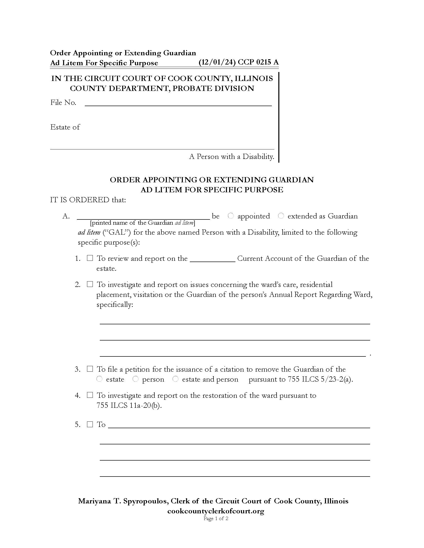Order Appointing Or Extending Guardian Ad Litem For Specific Purpose {CCP 0215} | Pdf Fpdf Docx | Illinois