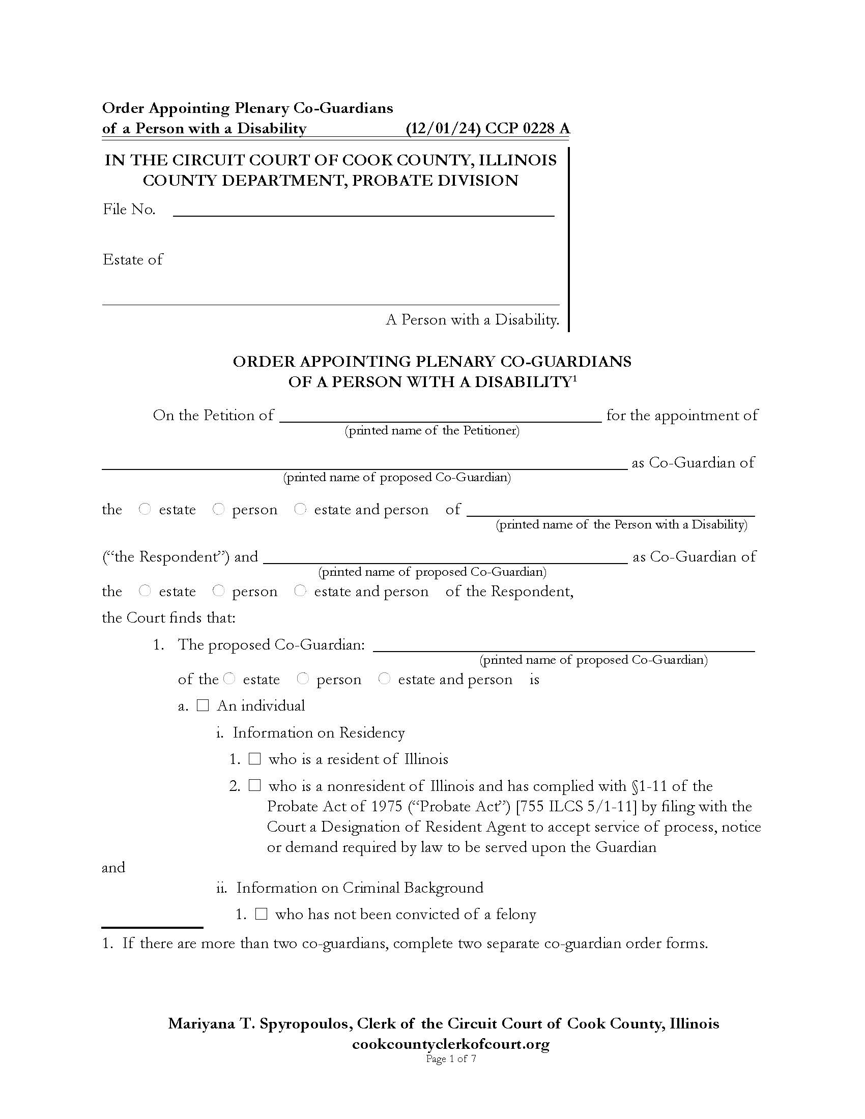 Order Appointing Plenary Co-Guardians Of A Person With A Disability {CCP 0228} | Pdf Fpdf Docx | Illinois