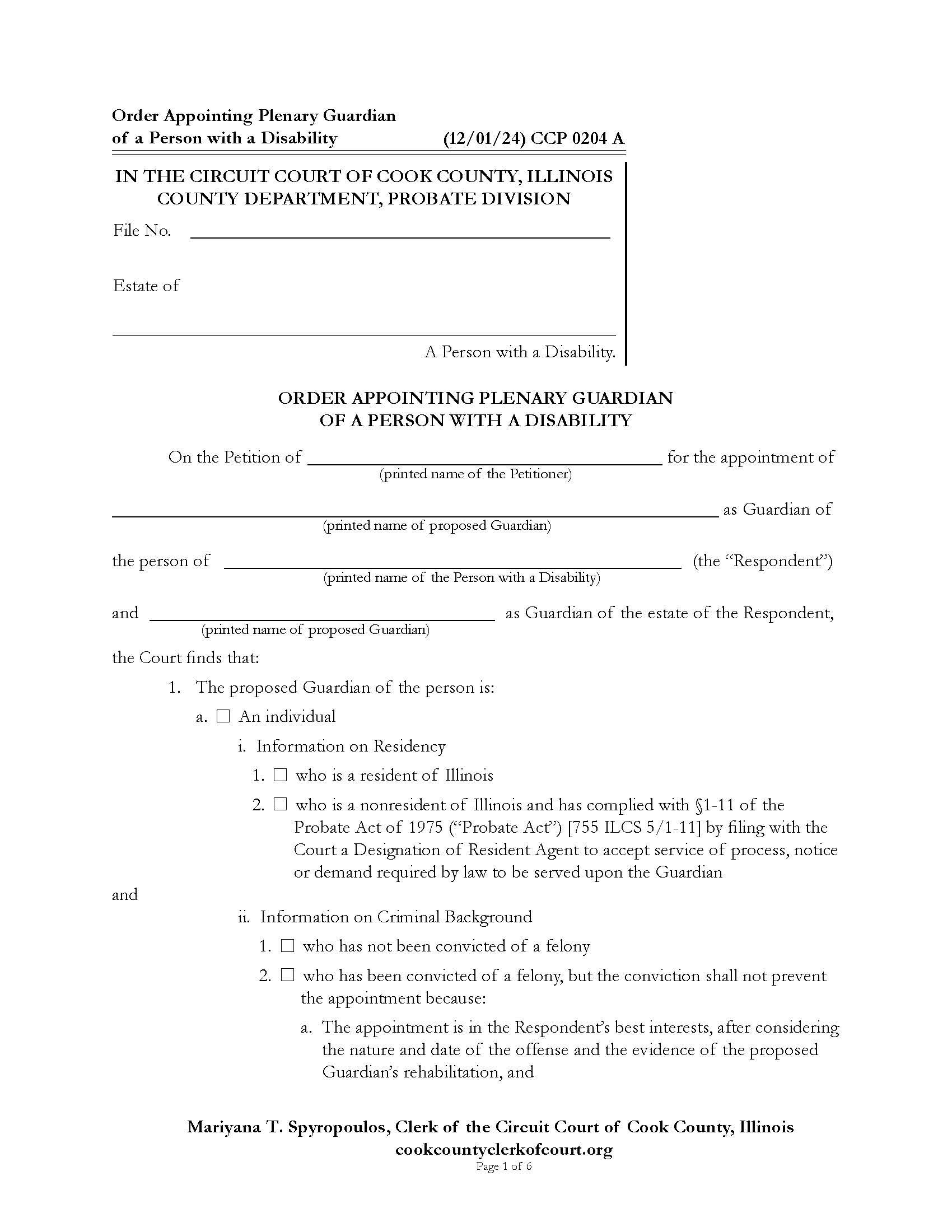 Order Appointing Plenary Guardian Of A Person With A Disability {CCP 0204} | Pdf Fpdf Doc Docx | Illinois