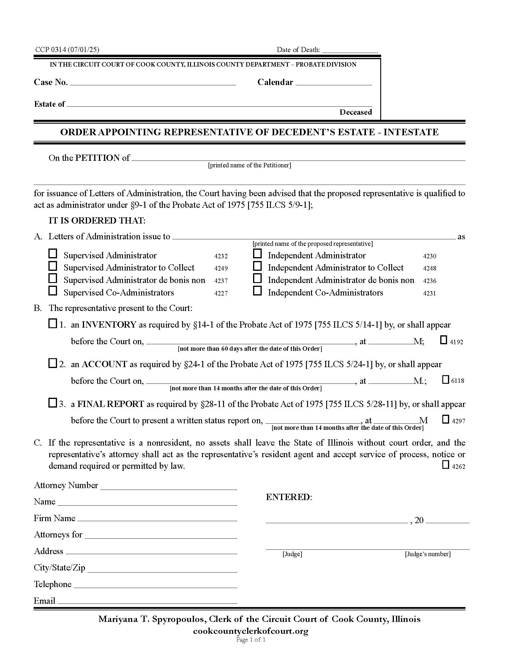 Order Appointing Representative Of Decedents Estate - Intestate {CCP 0314} | Pdf Fpdf Docx | Illinois