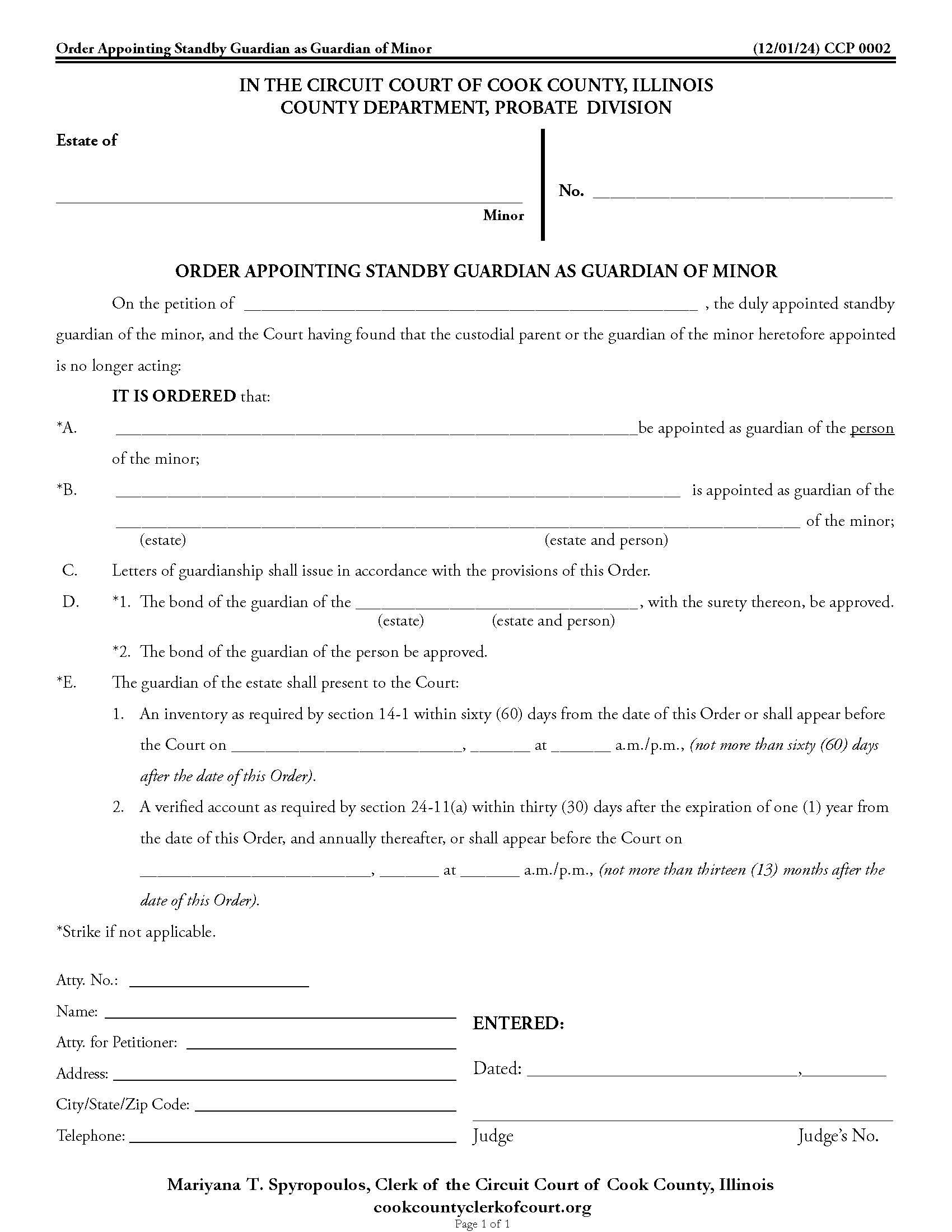 Order Appointing Standby Guardian As Guardian Of Minor {CCP 0002} | Pdf Fpdf Doc Docx | Illinois
