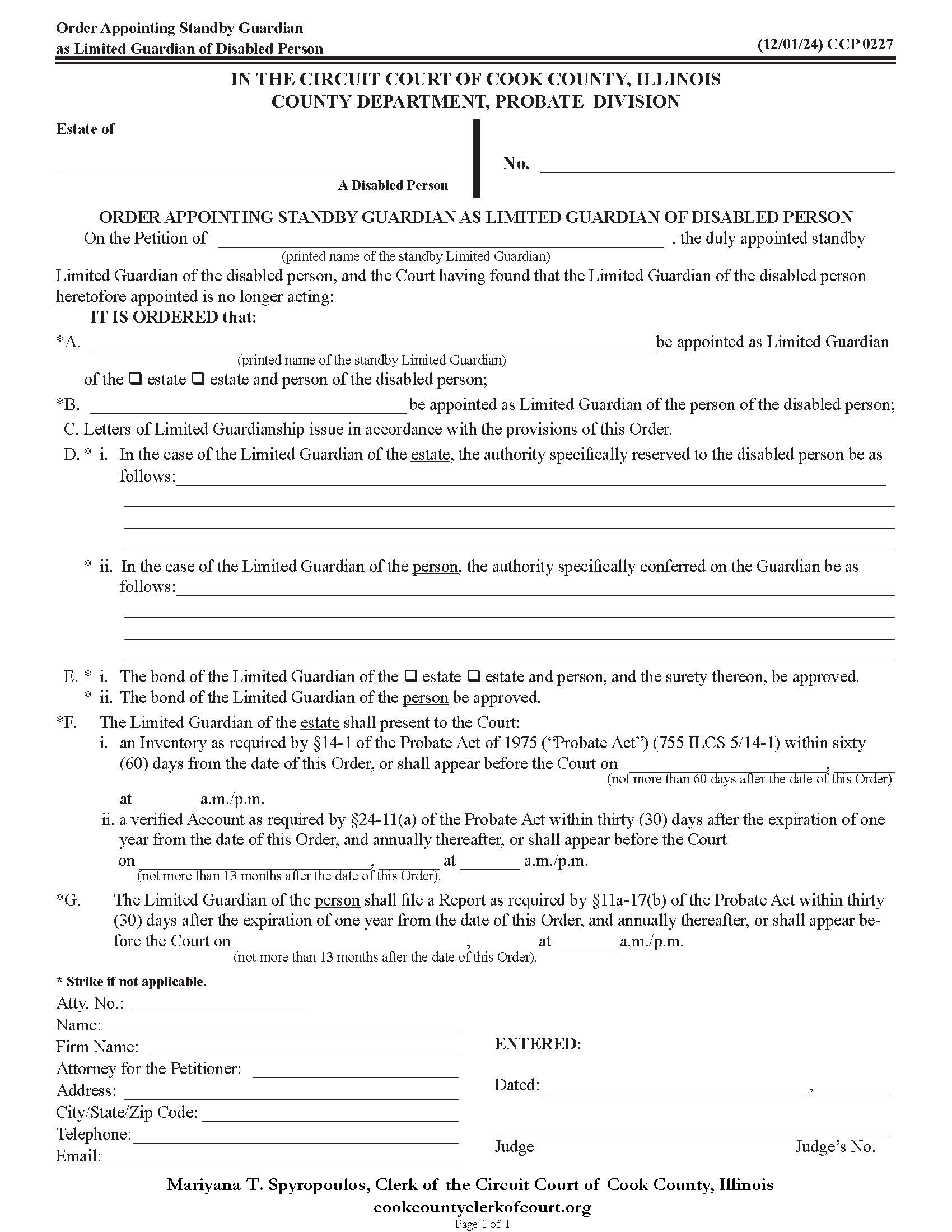 Order Appointing Standby Guardian As Limited Guardian Of Disabled Person {CCP 0227} | Pdf Fpdf Doc Docx | Illinois