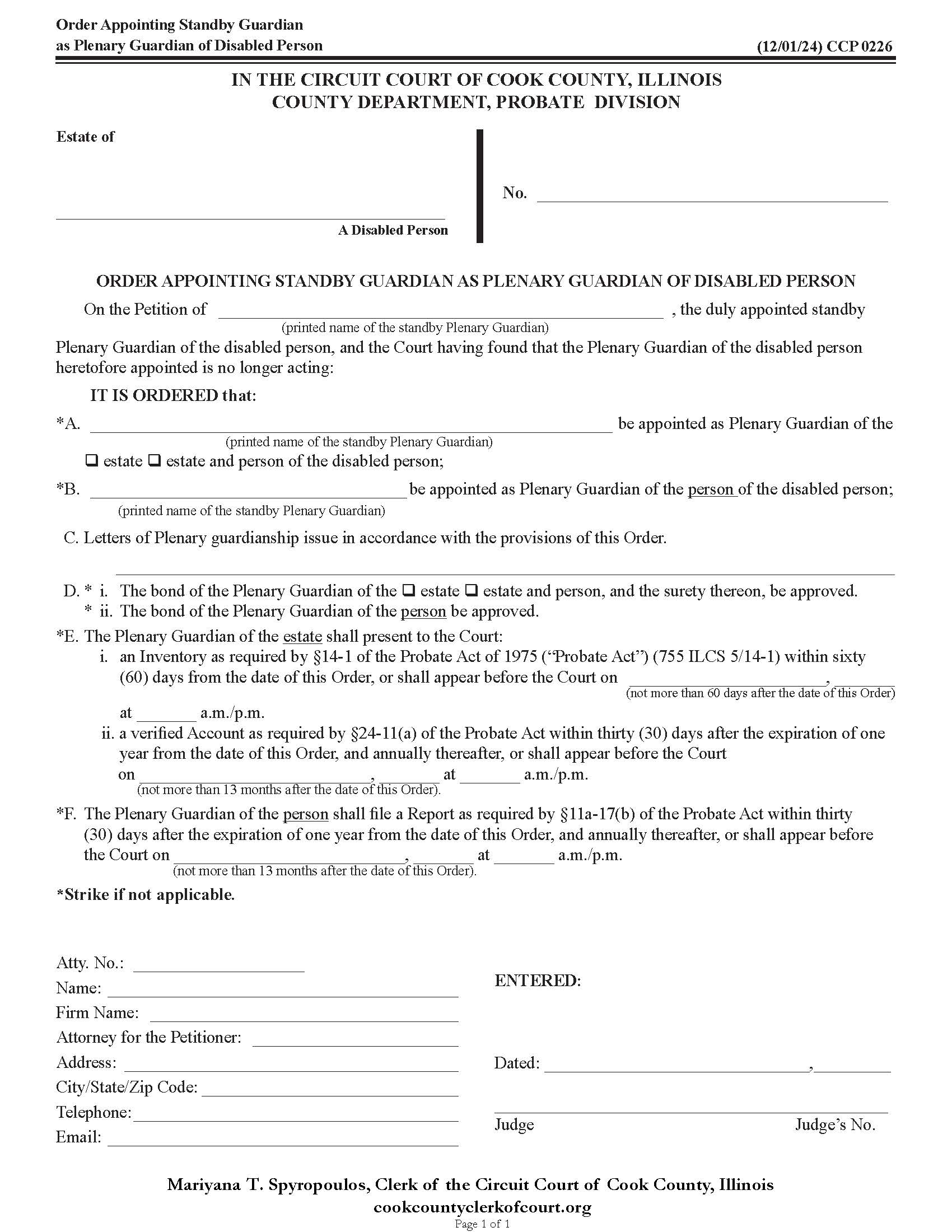 Order Appointing Standby Guardian As Plenary Guardian Of Disabled Person {CCP 0226} | Pdf Fpdf Doc Docx | Illinois