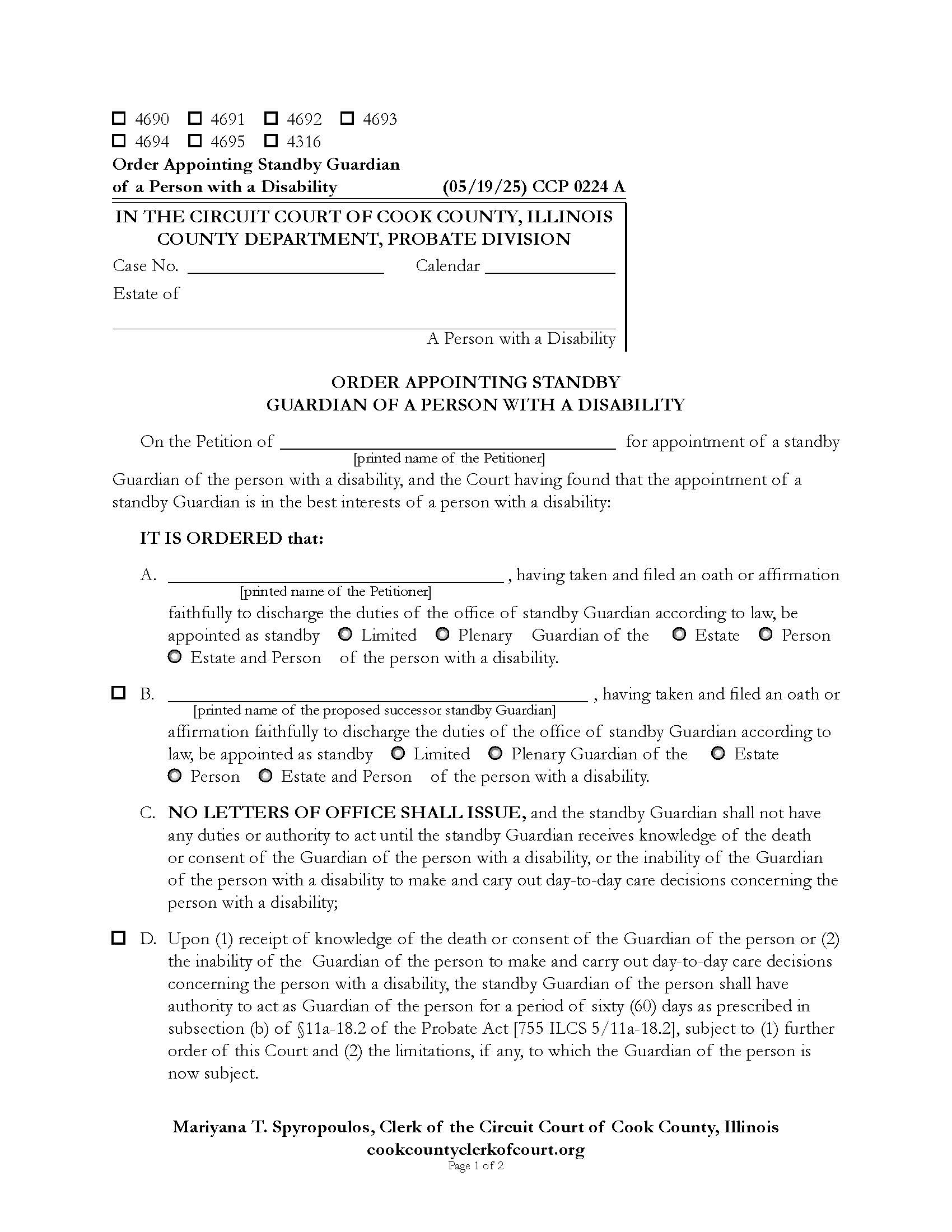 Order Appointing Standby Guardian Of A Person With A Disability {CCP 0224} | Pdf Fpdf Docx | Illinois