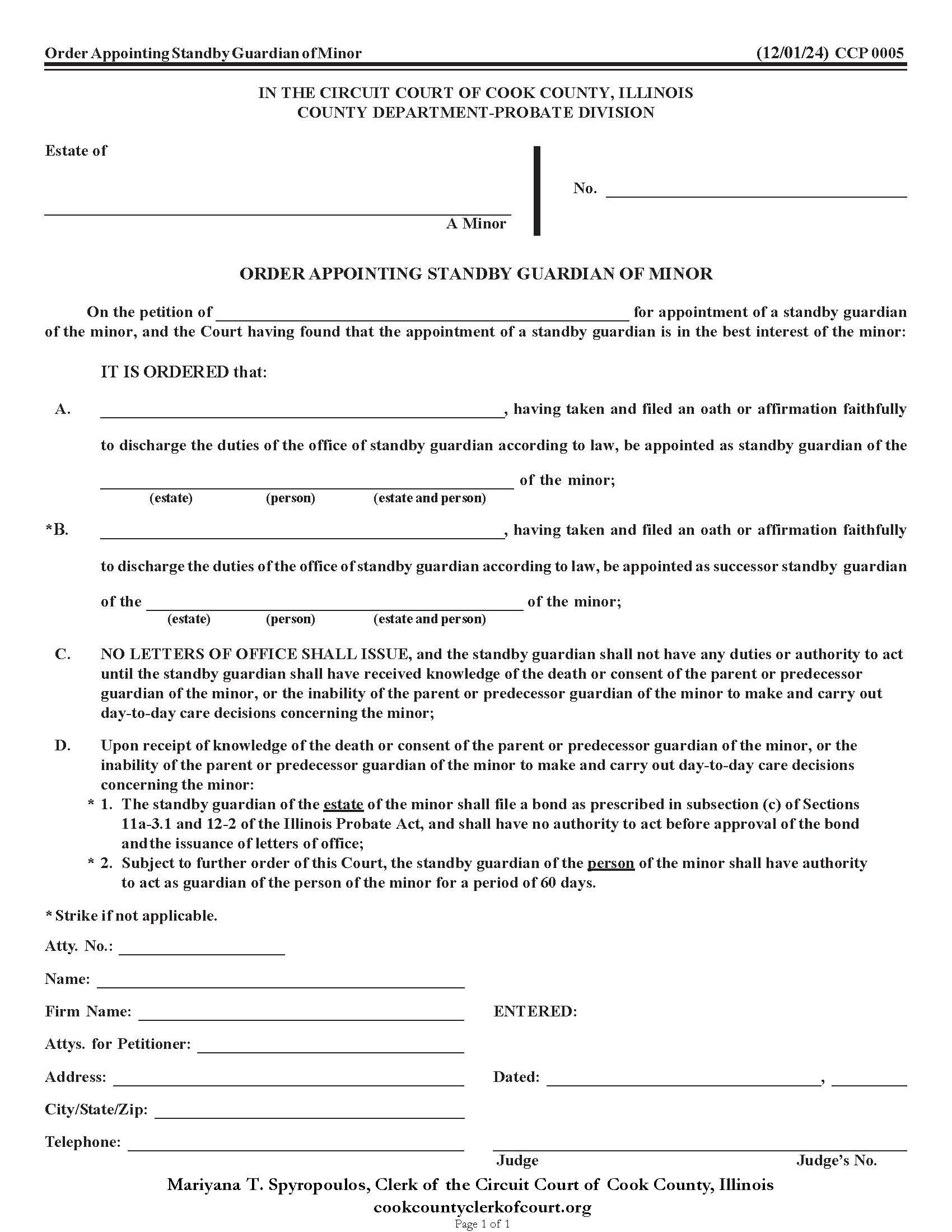 Order Appointing Standby Guardian Of Minor {CCP 0005} | Pdf Fpdf Doc Docx | Illinois