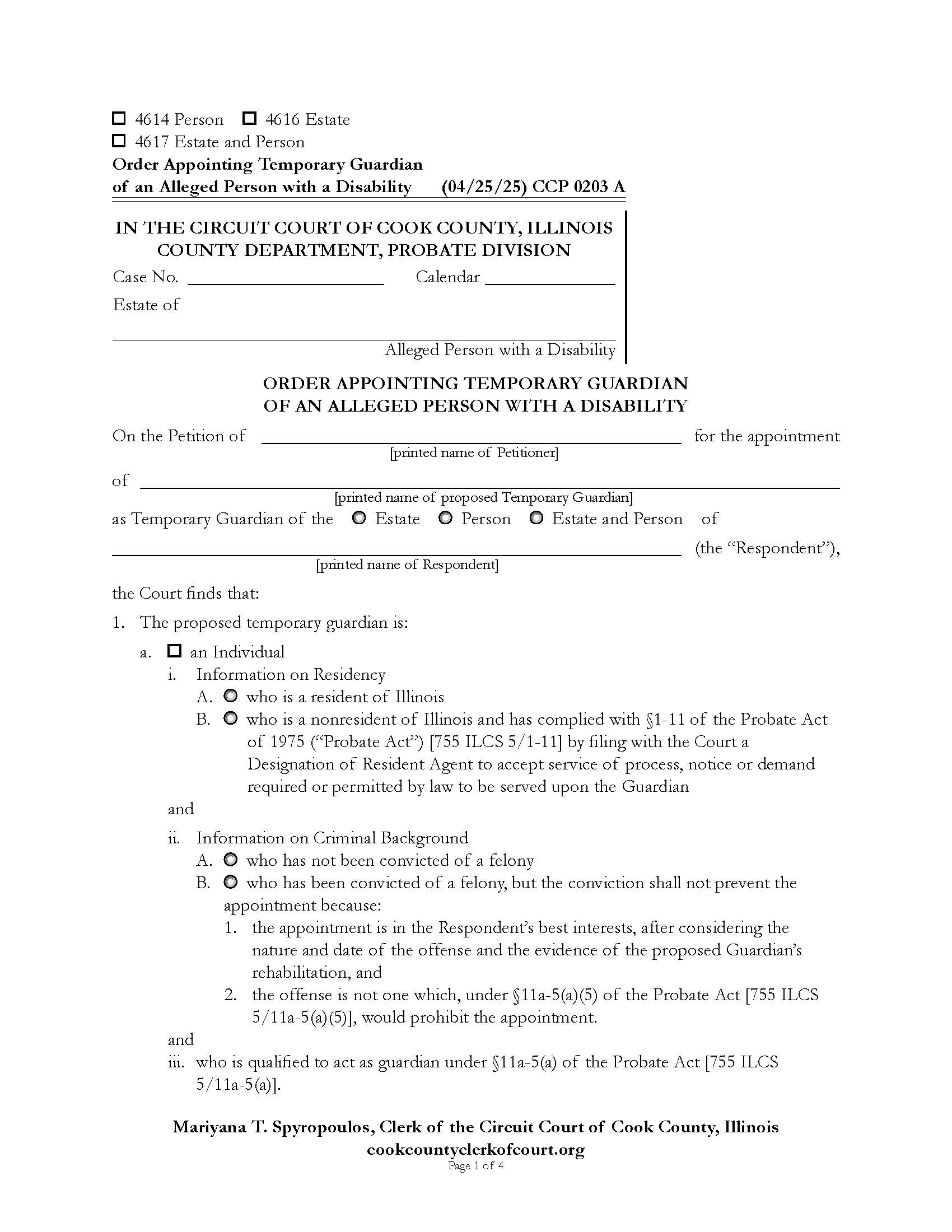 Order Appointing Temporary Guardian Of Alleged Person With A Disability {CCP 0203} | Pdf Fpdf Doc Docx | Illinois