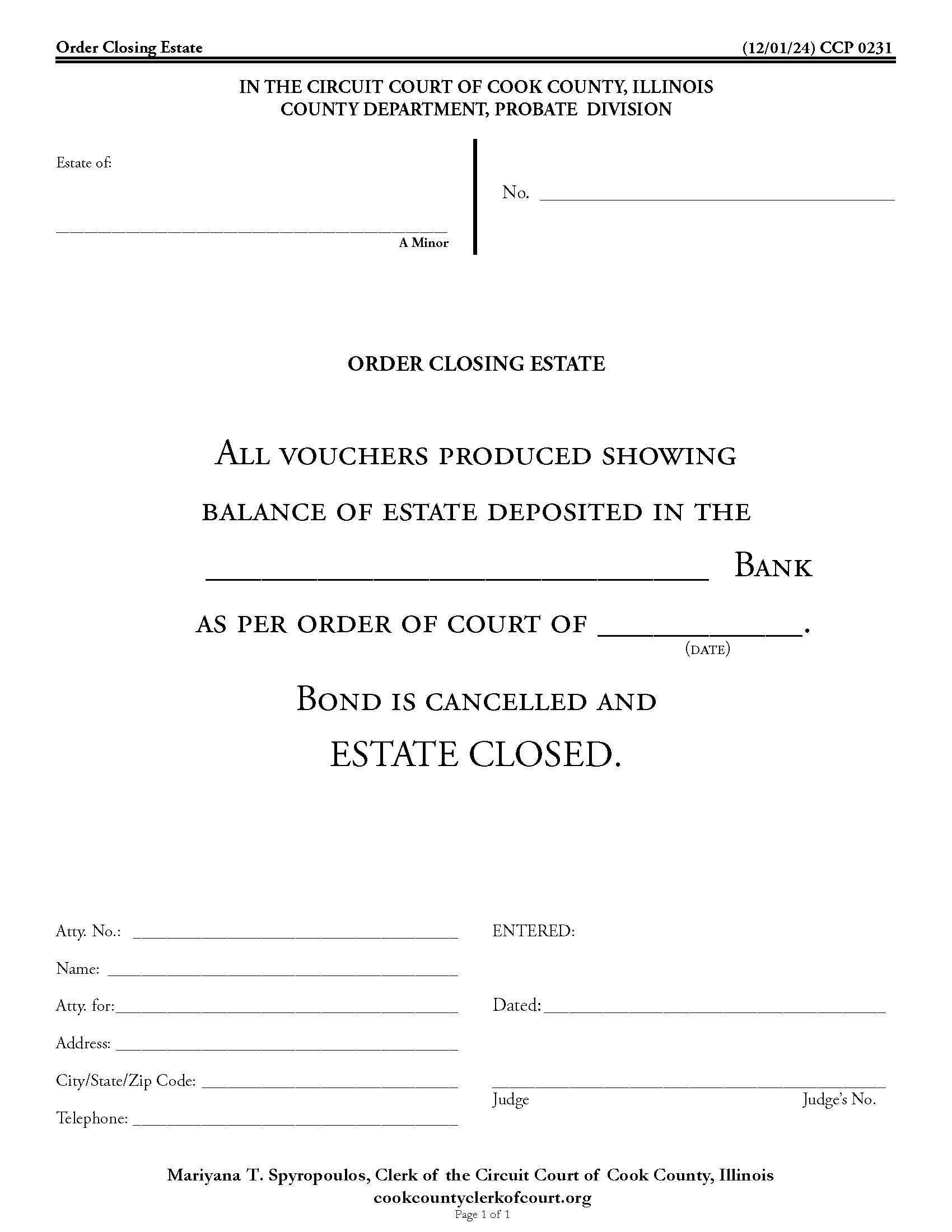 Order Closing Estate {CCP 0231} | Pdf Fpdf Docx | Illinois
