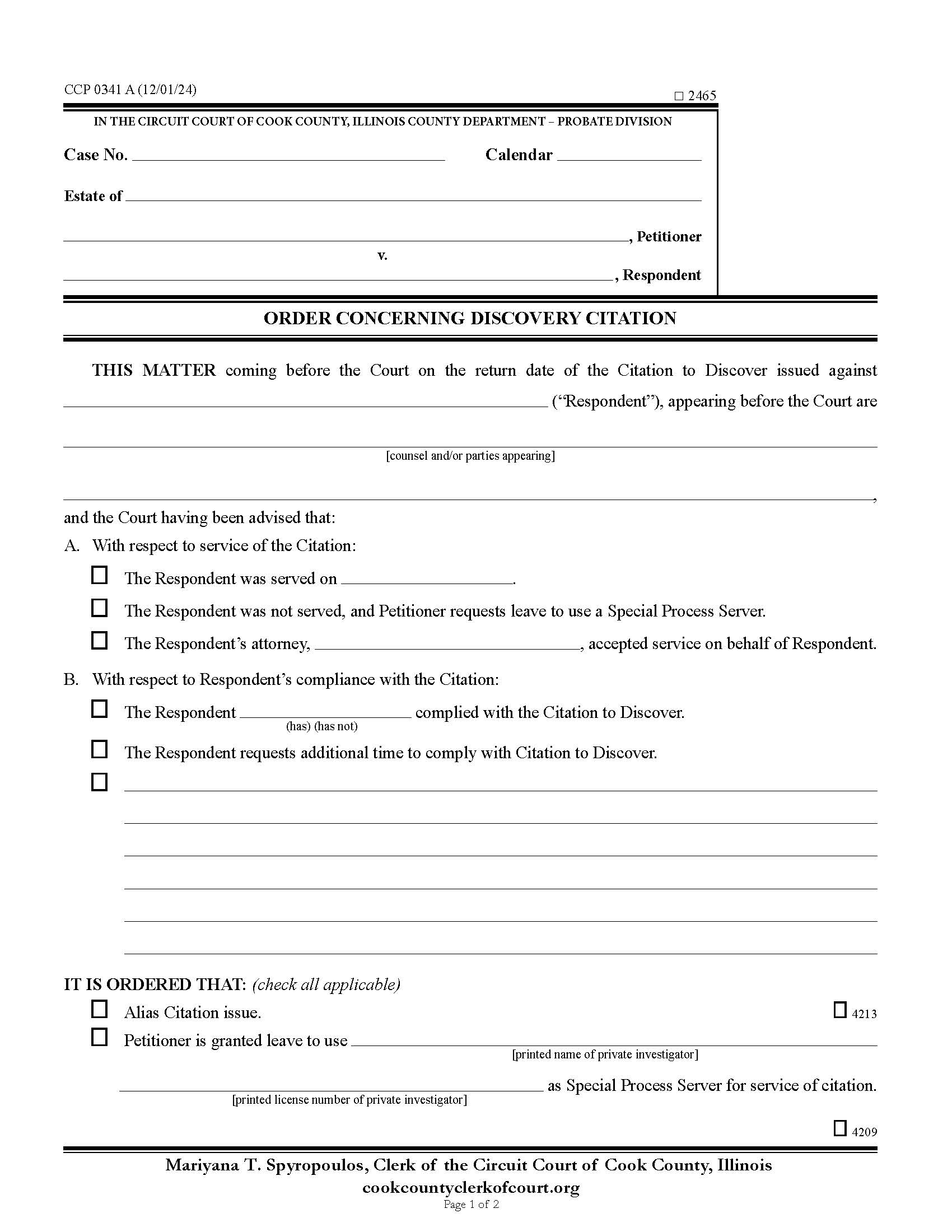 Order Concerning Discovery Citation (CCP 0341} | Pdf Fpdf Docx | Illinois