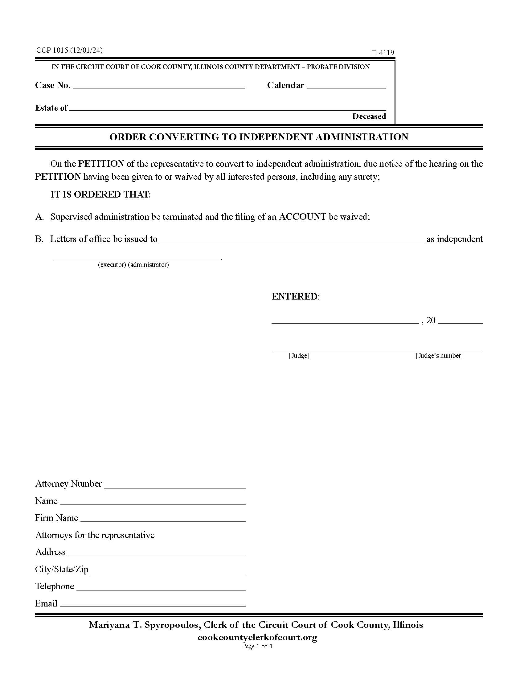 Order Converting To Independent Administration {CCP 1015} | Pdf Fpdf Docx | Illinois