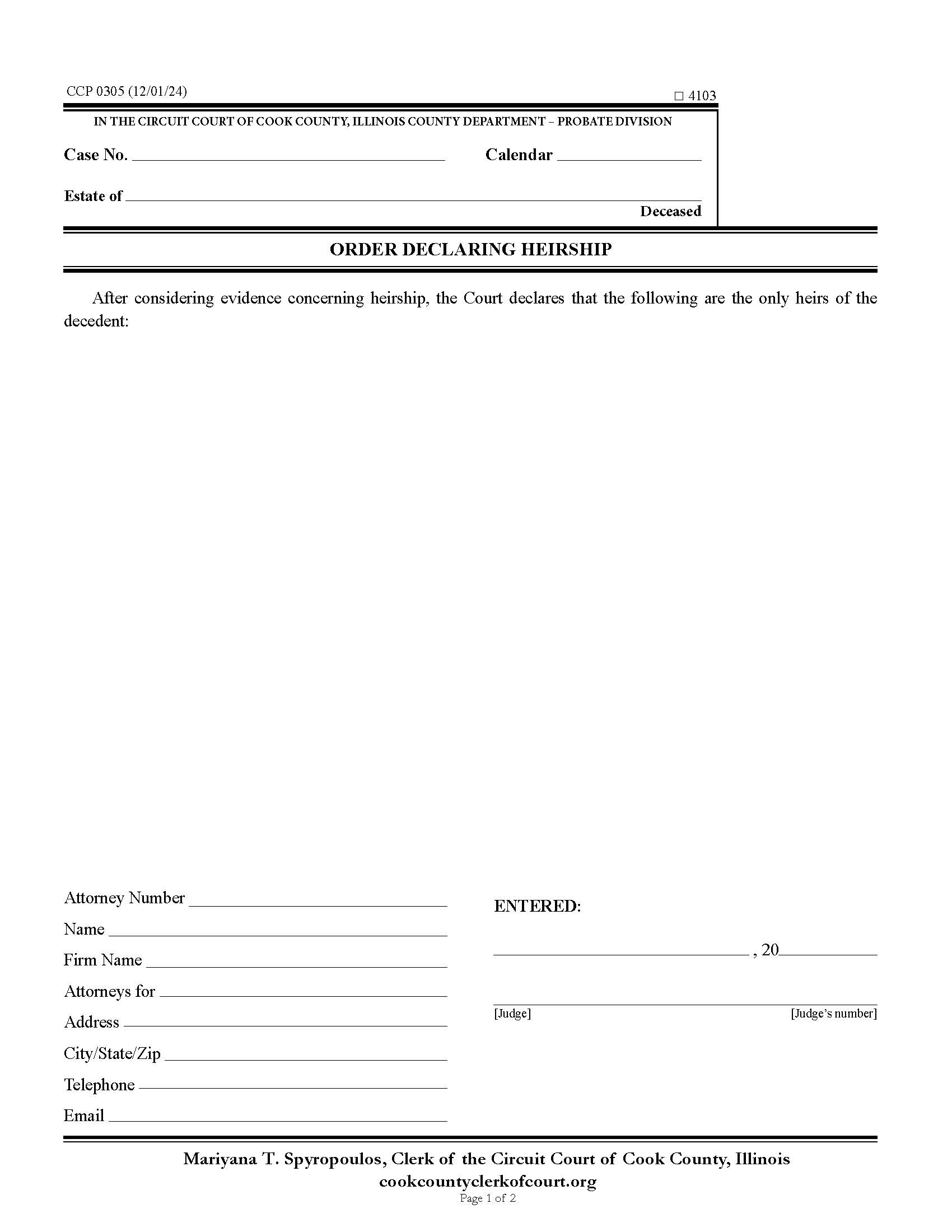 Order Declaring Heirship {CCP 0305} | Pdf Fpdf Docx | Illinois