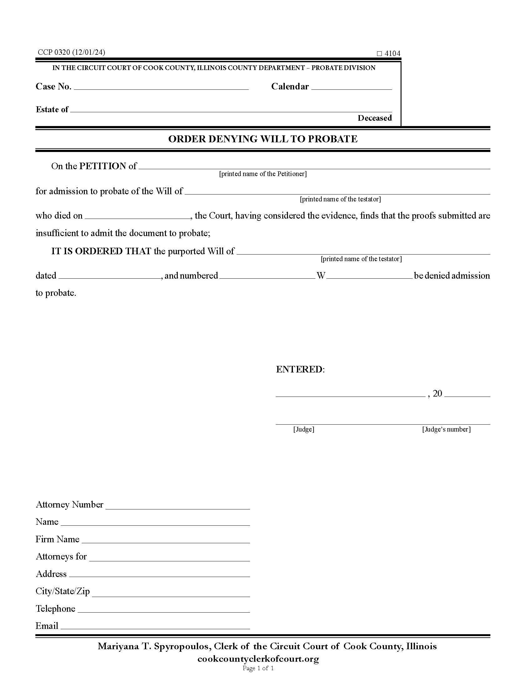 Order Denying Will To Probate {CCP 0320} | Pdf Fpdf Docx | Illinois