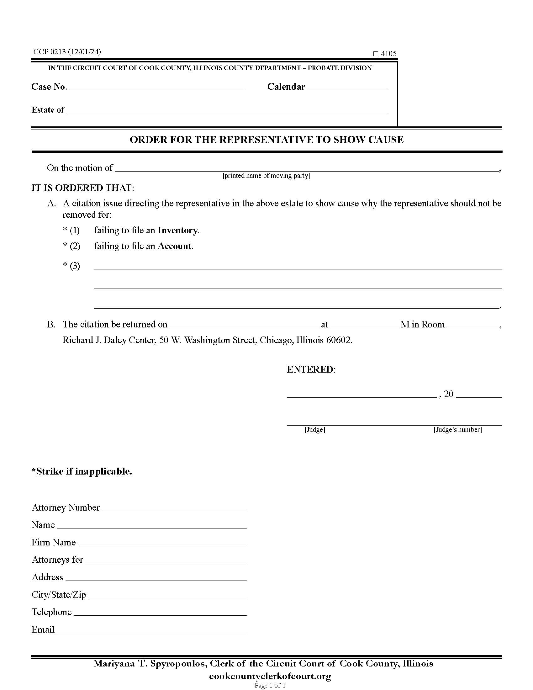 Order Directing Representative To Show Cause {CCP 0213} | Pdf Fpdf Docx | Illinois