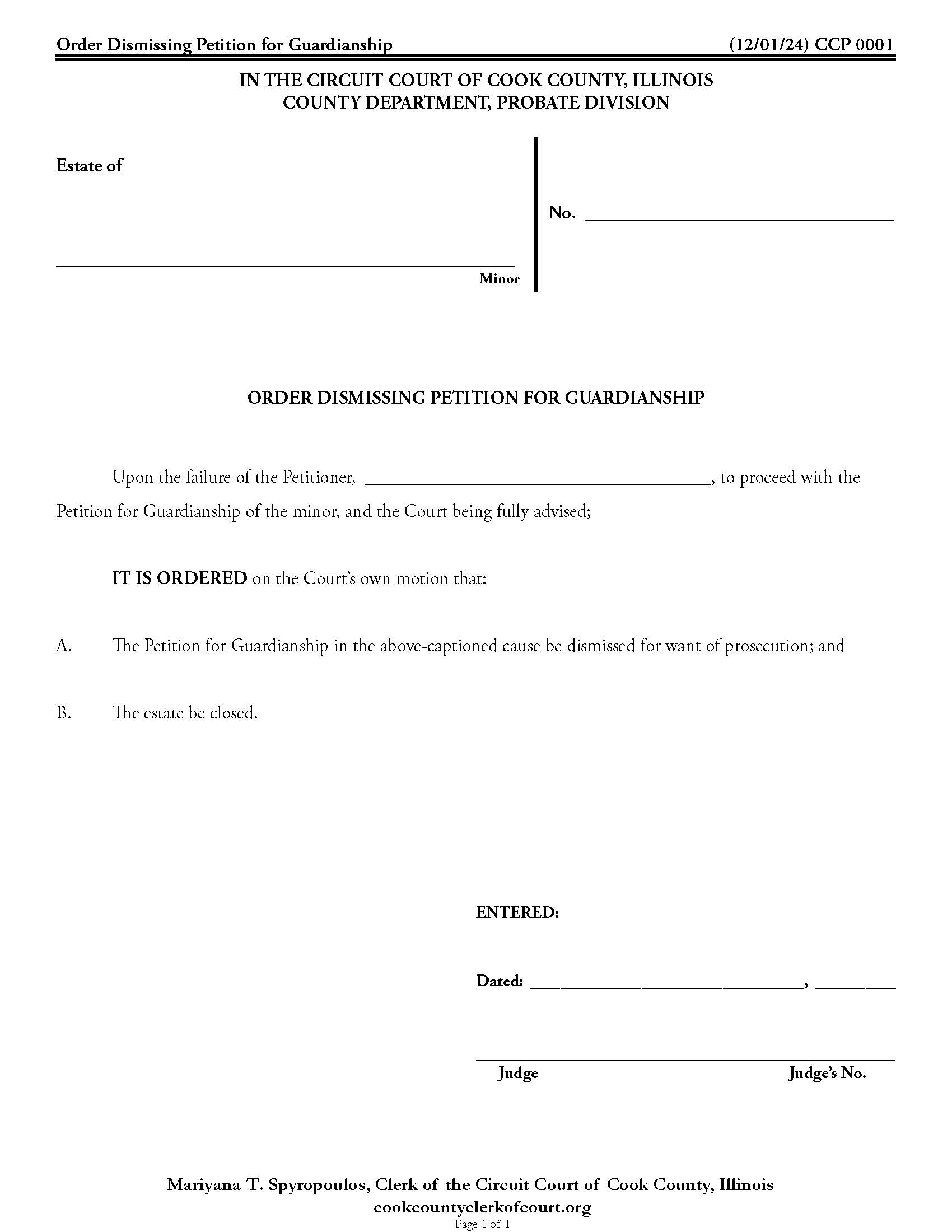 Order Dismissing Petition For Guardianship {CCP 0001} | Pdf Fpdf Docx | Illinois