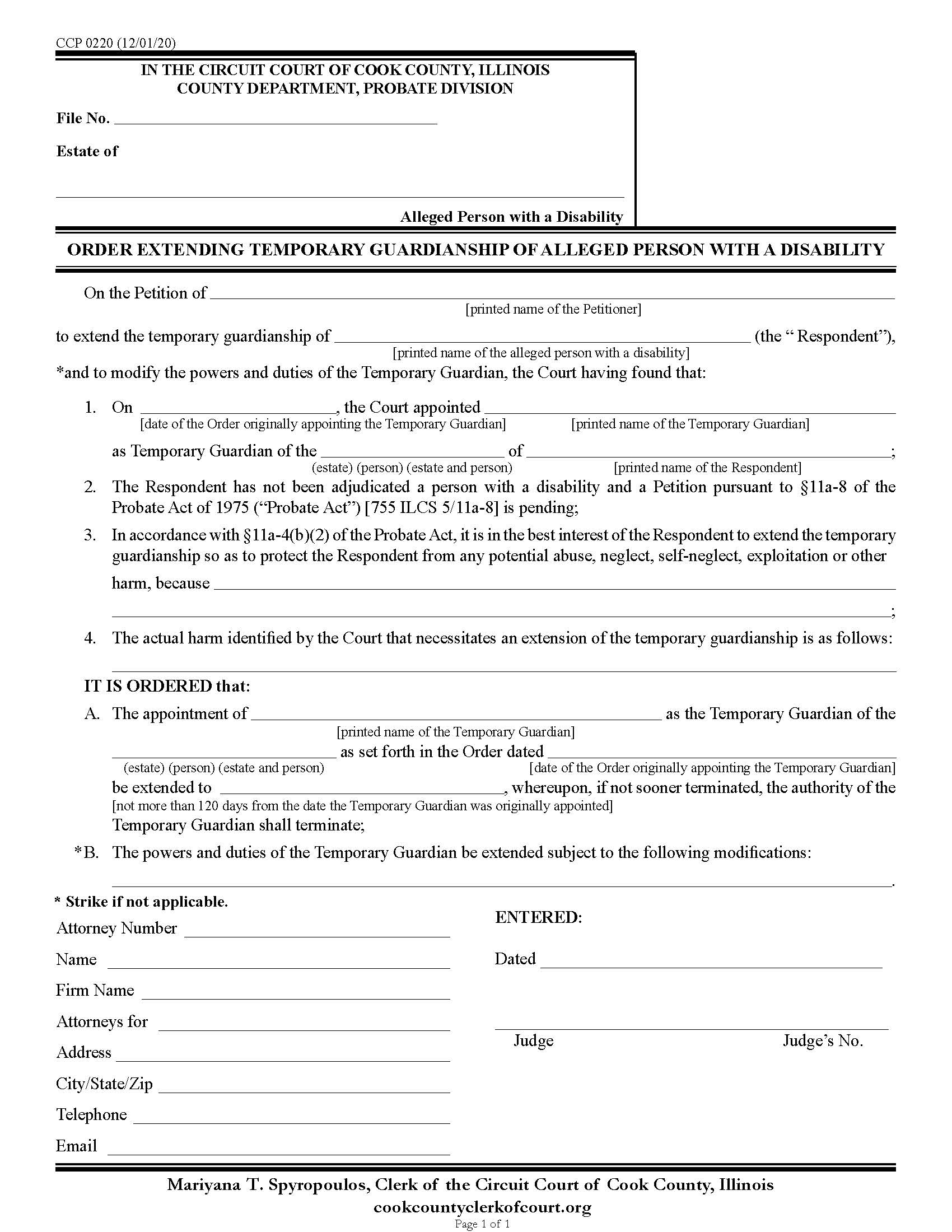 Order Extending Temporary Guardianship Of Alleged Person With A Disability {CCP 0220} | Pdf Fpdf Docx | Illinois