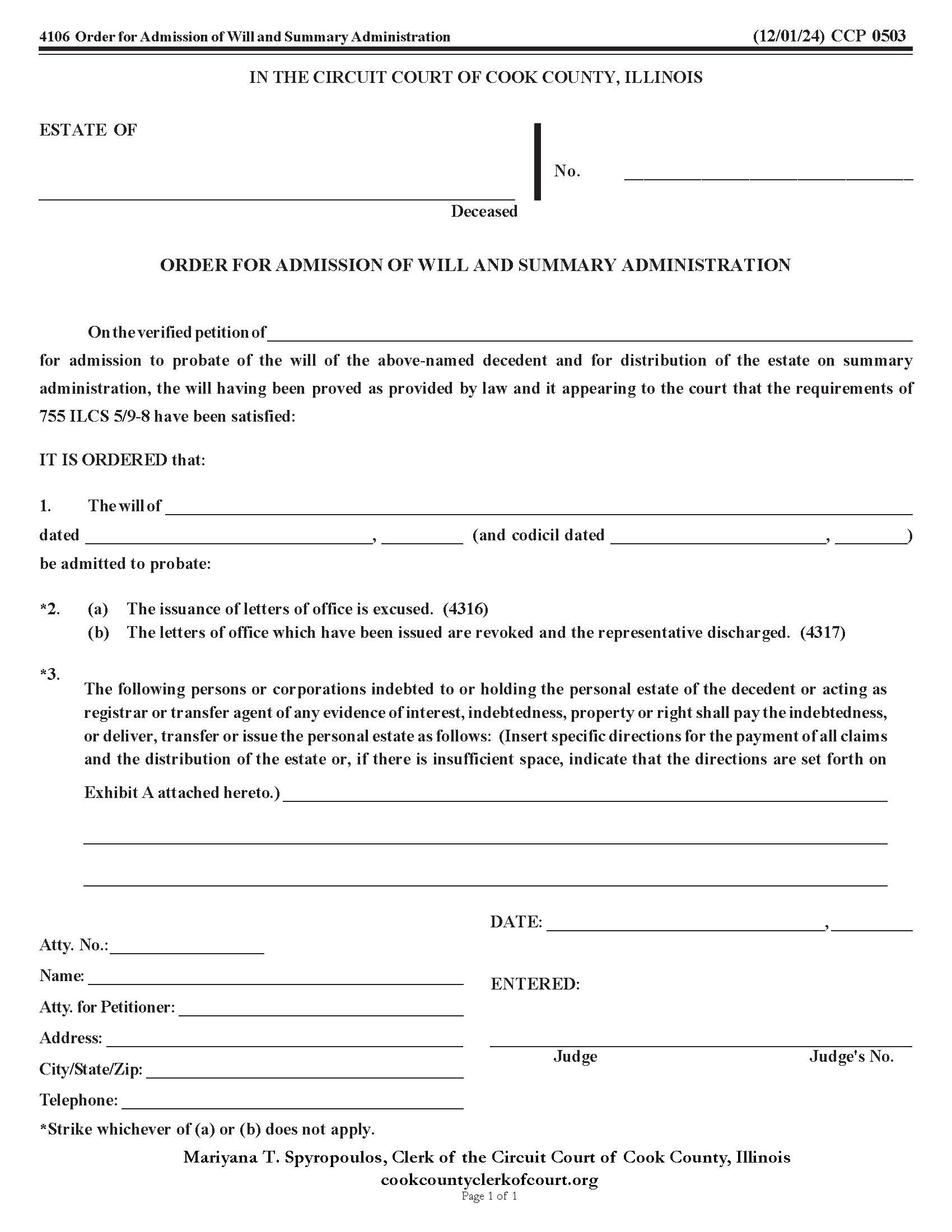 Order For Admission Of Will And Summary Administration {CCP 0503} | Pdf Fpdf Doc Docx | Illinois
