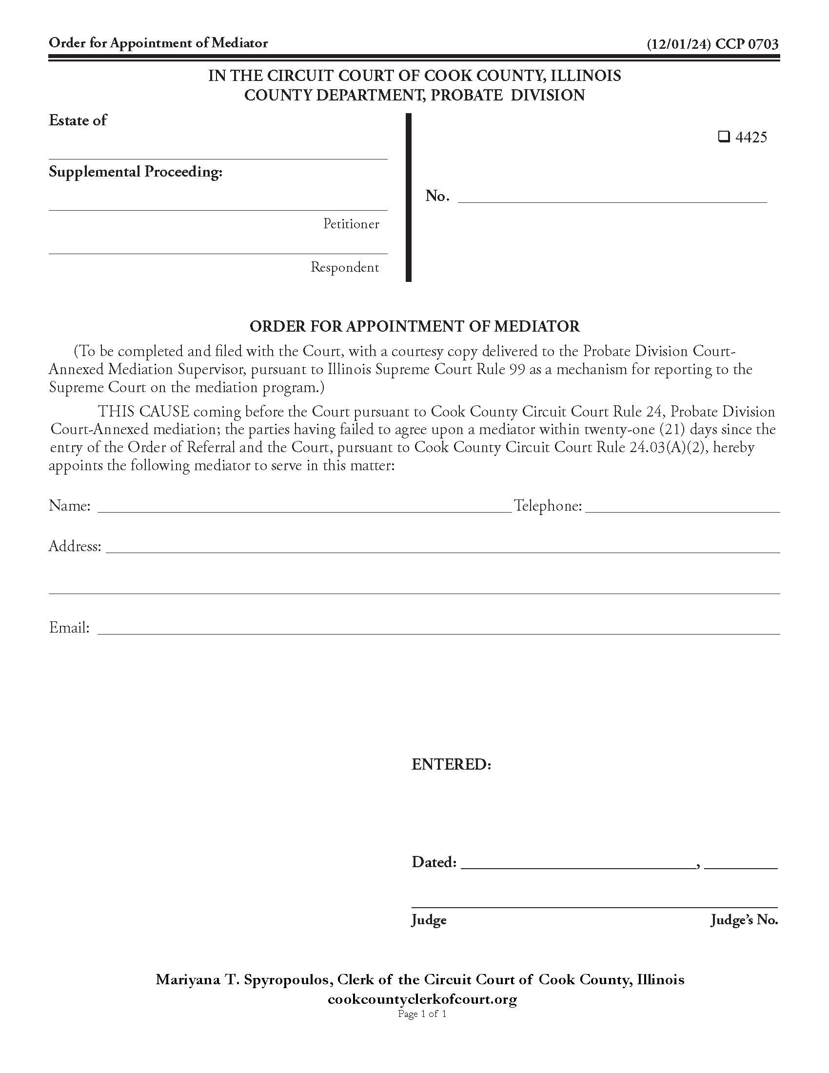 Order For Appointment Of Mediator {CCP 0703} | Pdf Fpdf Doc Docx | Illinois
