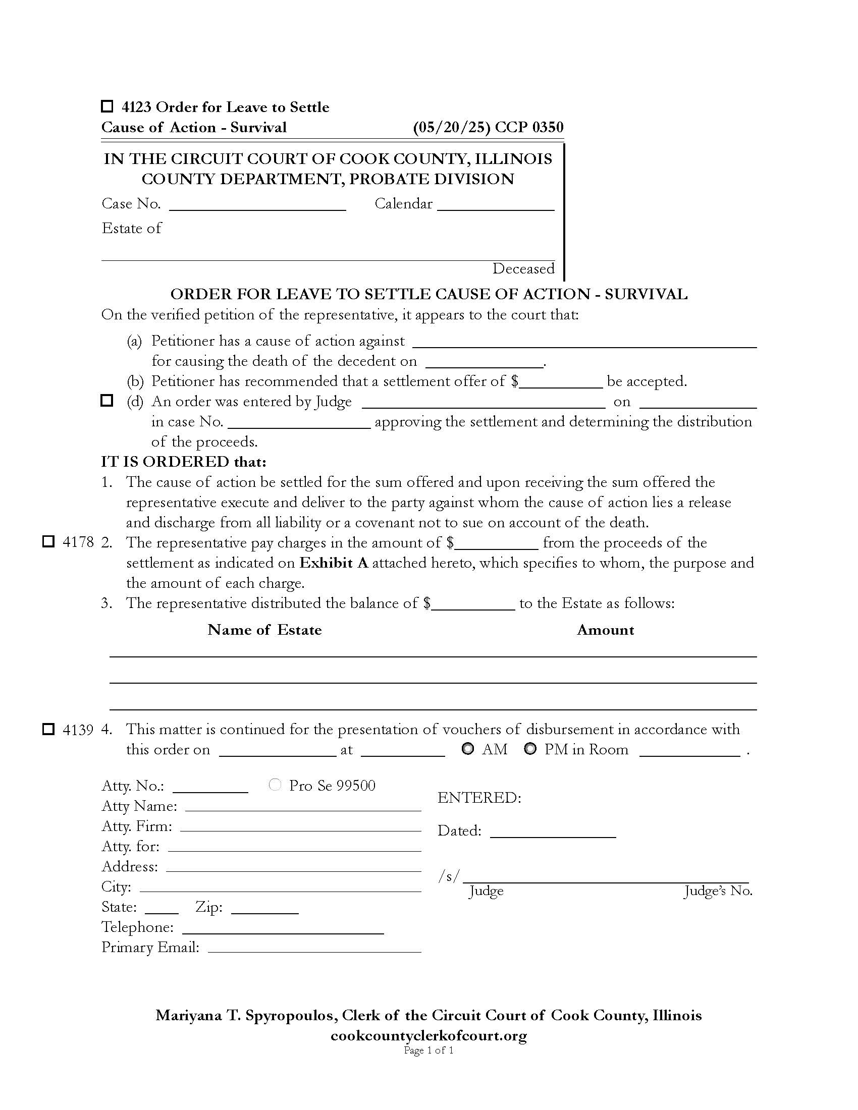 Order For Leave To Settle Cause Of Action Survival {CCP 0350} | Pdf Fpdf Docx | Illinois