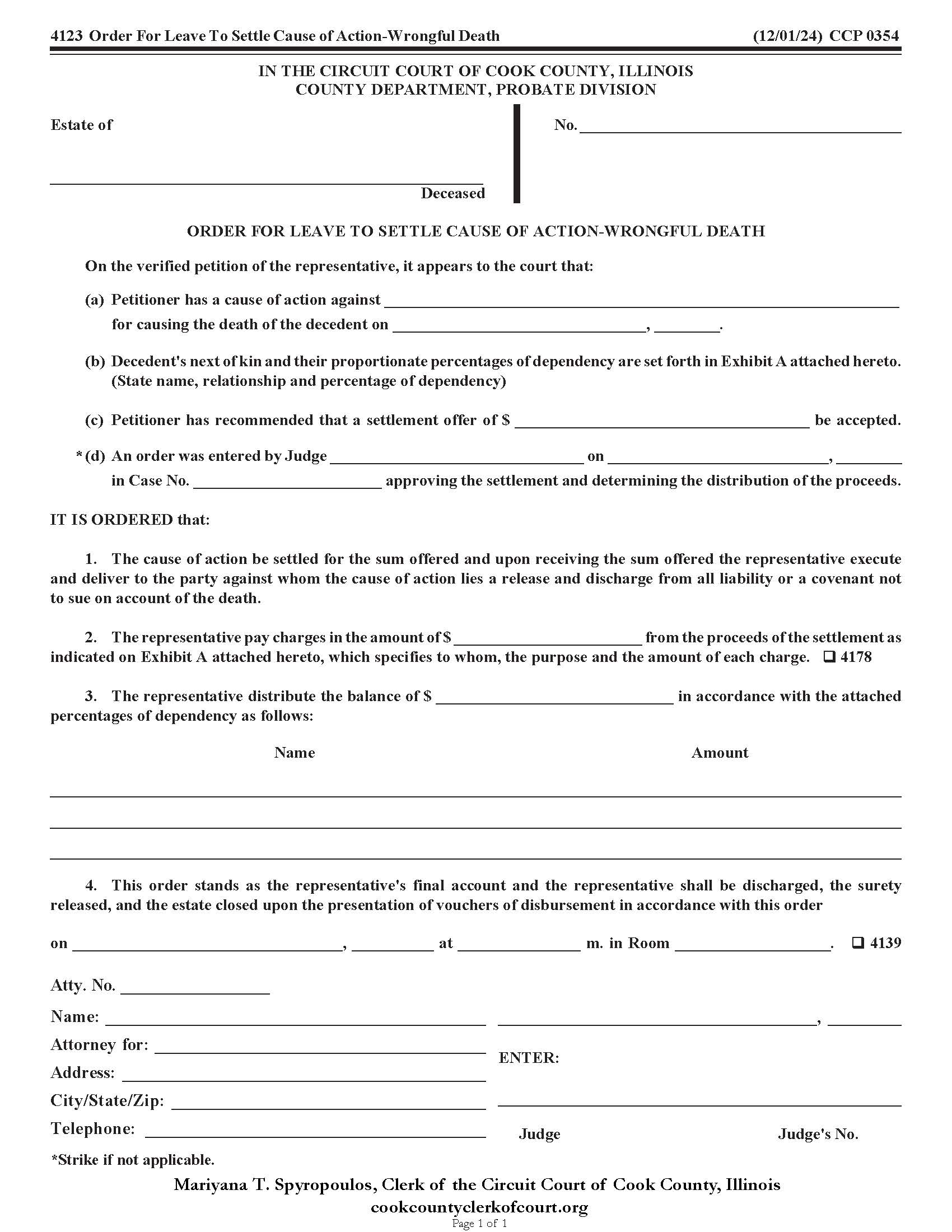 Order For Leave To Settle Cause Of Action-Wrongful Death {CCP 0354} | Pdf Fpdf Doc Docx | Illinois