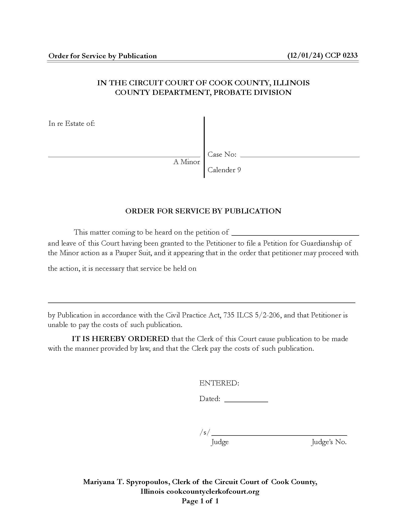Order For Service By Publication {CCP 0233} | Pdf Fpdf Docx | Illinois