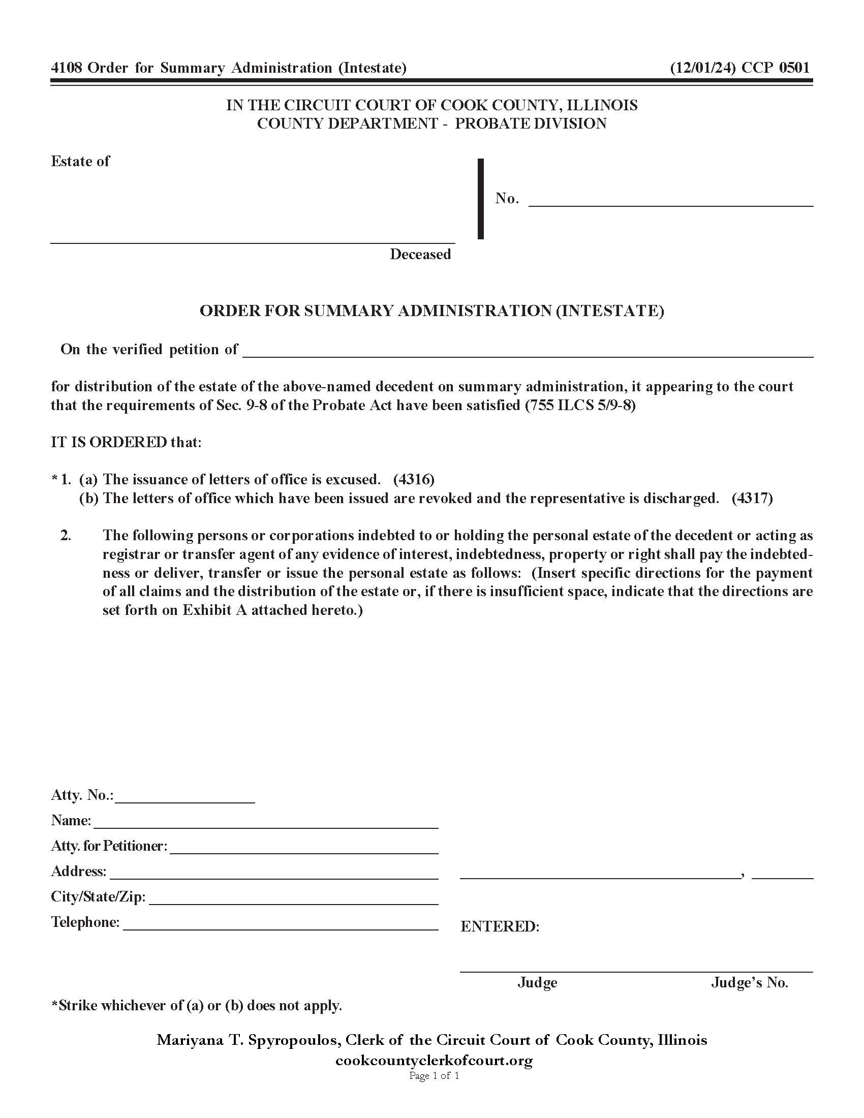 Order For Summary Administration Intestate {CCP 0501} | Pdf Fpdf Doc Docx | Illinois