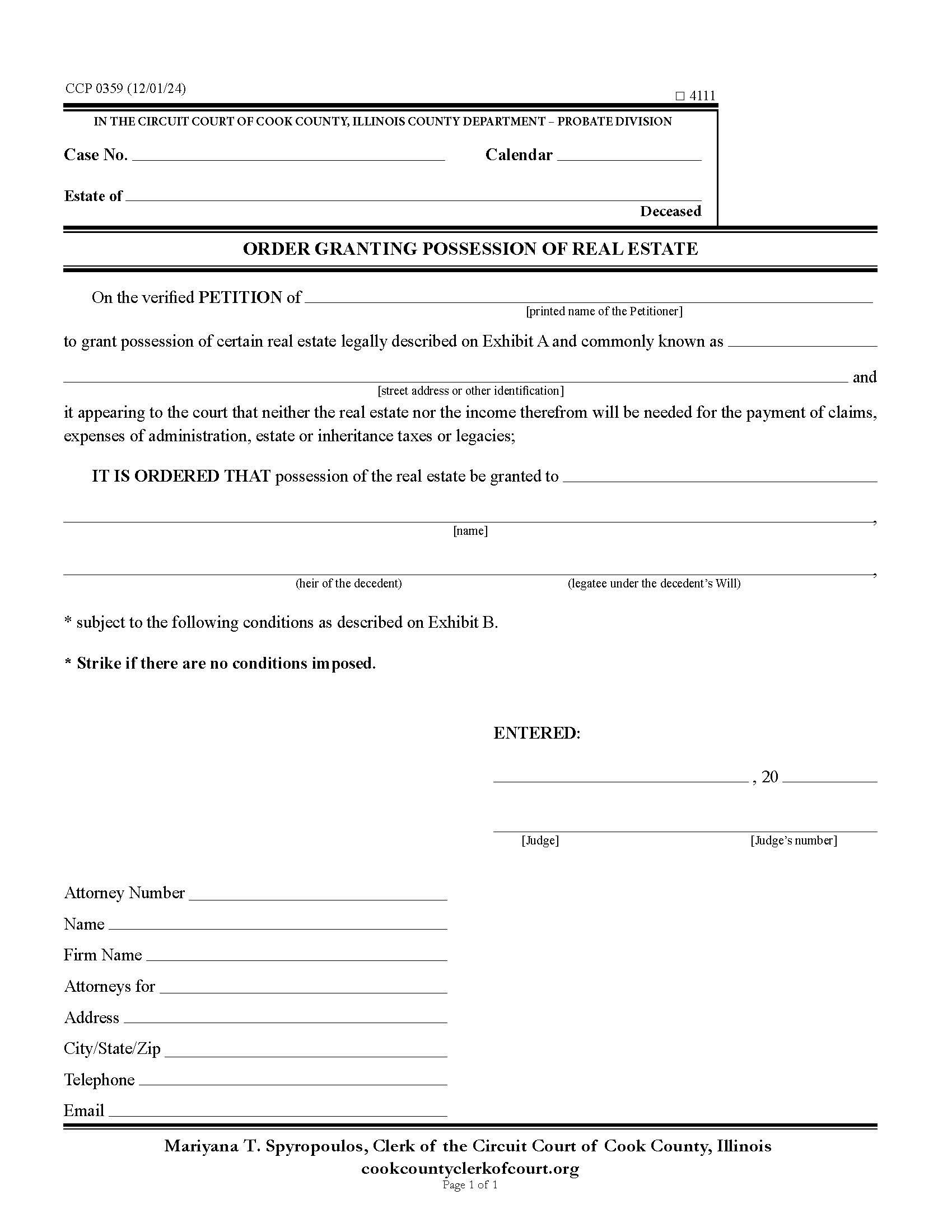 Order Granting Possession Of Real Estate {CCP 0359} | Pdf Fpdf Docx | Illinois