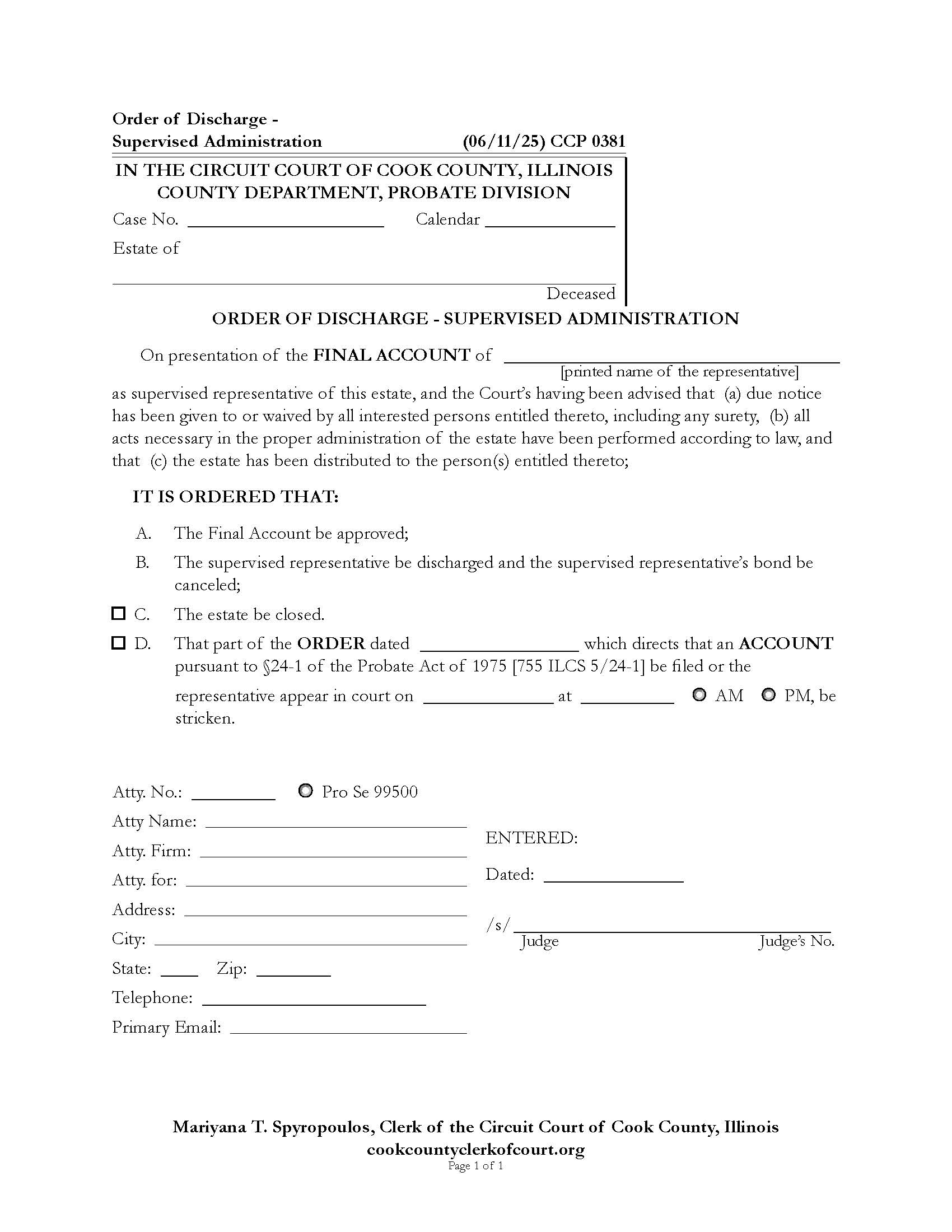 Order Of Discharge {CCP 0381} | Pdf Fpdf Docx | Illinois