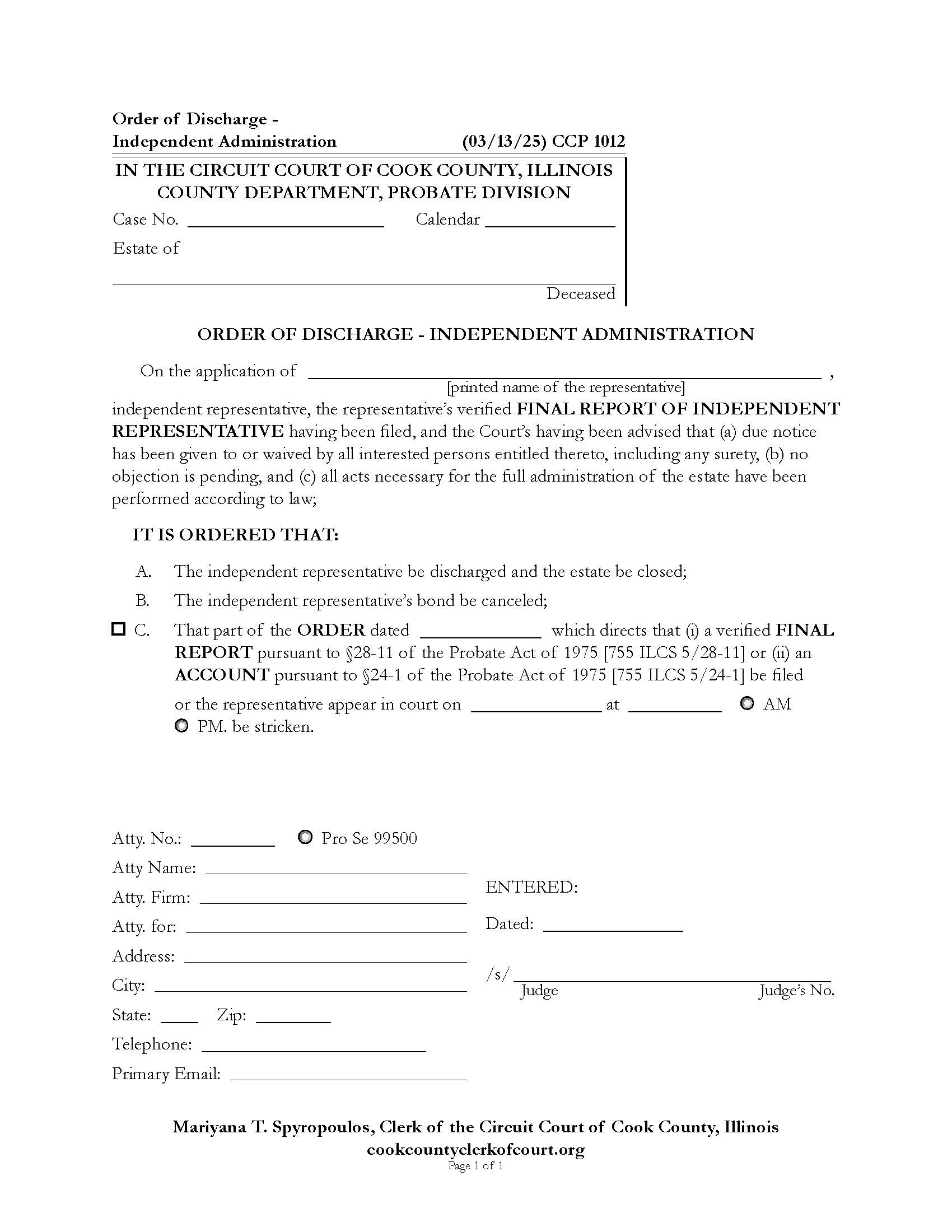 Order Of Discharge - Independent Administration {CCP 1012} | Pdf Fpdf Docx | Illinois