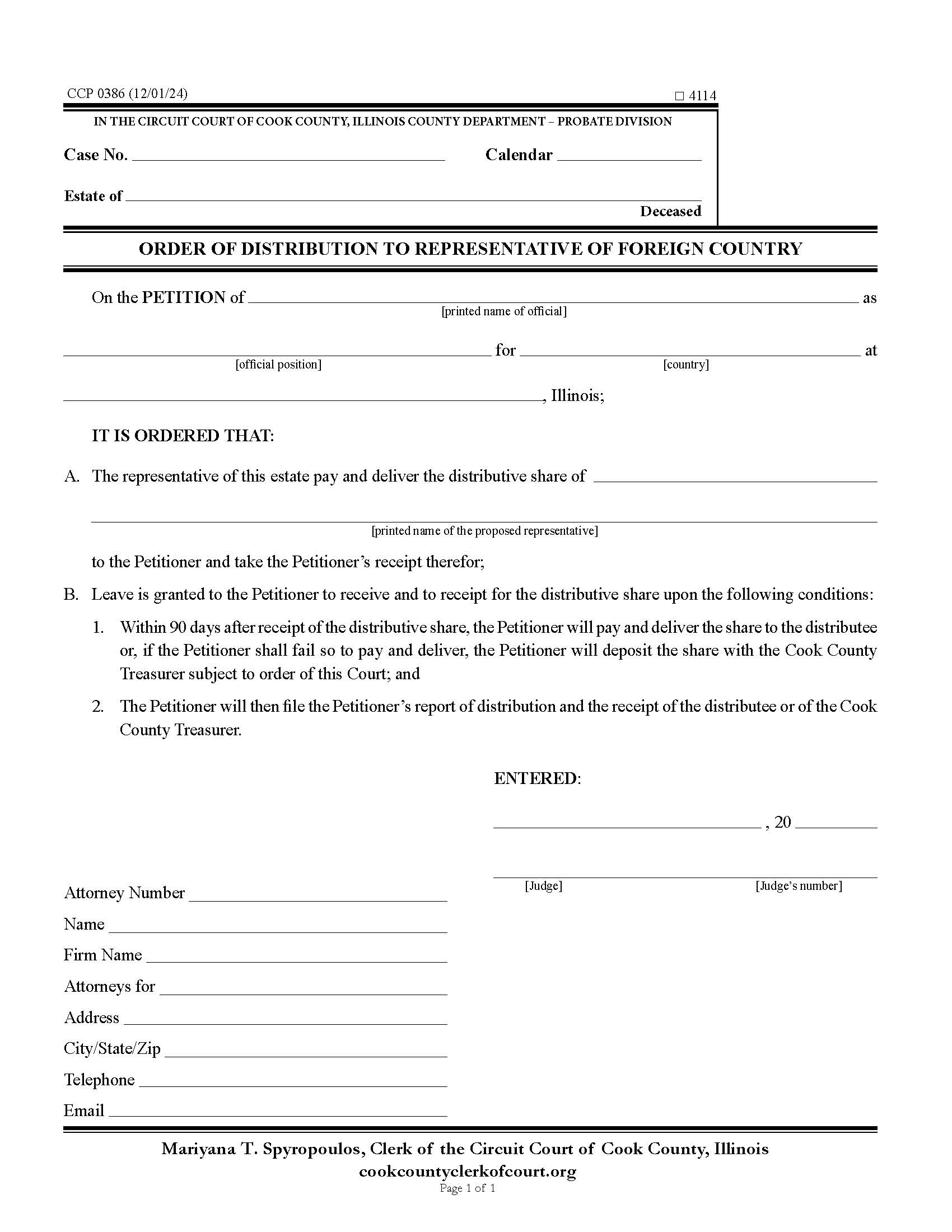 Order Of Distribution To Representative Of Foreign County {CCP 0386} | Pdf Fpdf Docx | Illinois