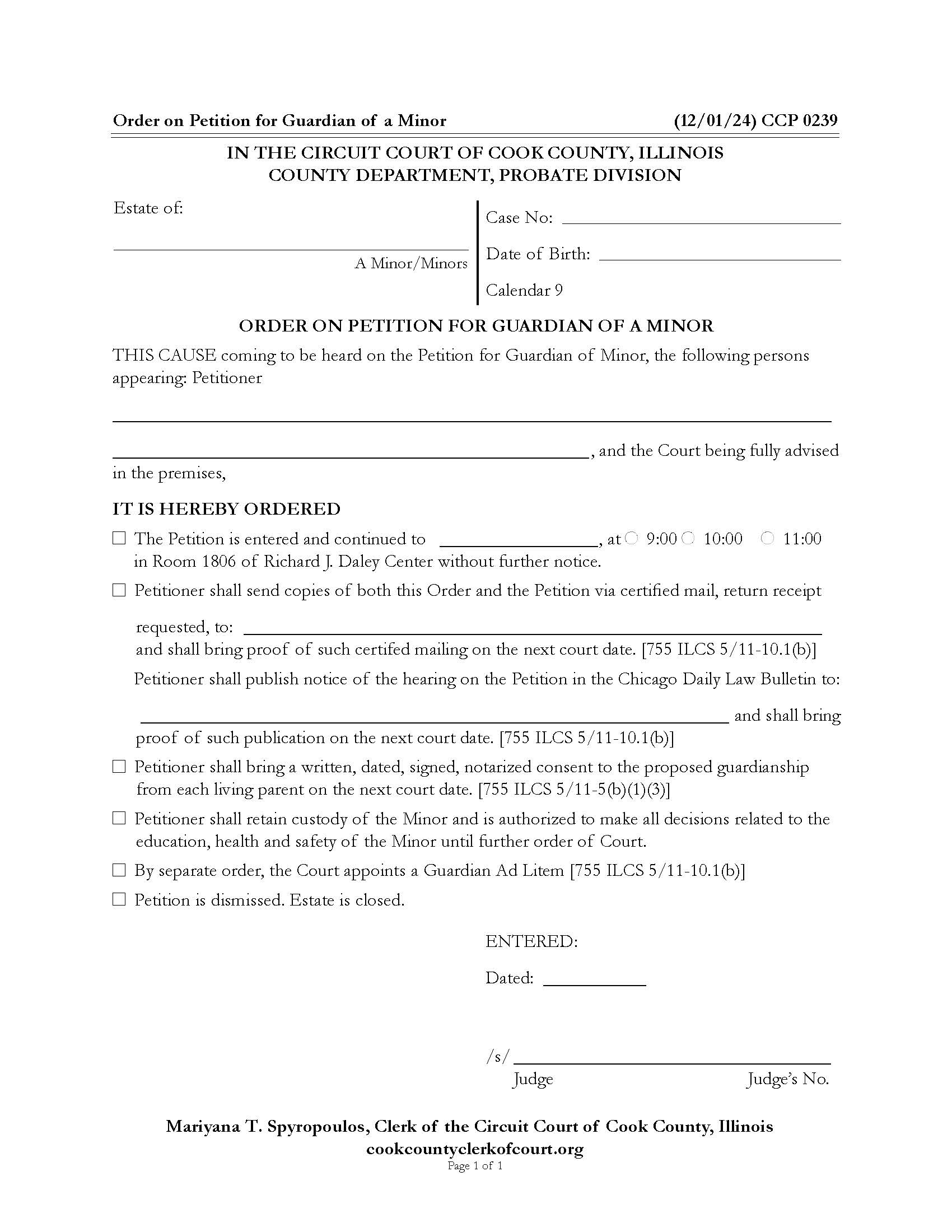 Order On Petition For Guardian Of Minor {CCP 0239} | Pdf Fpdf Docx | Illinois